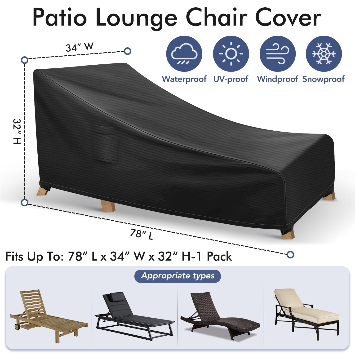 **Waterproof Outdoor Chaise Lounge Covers - Heavy Duty Patio Furniture Covers (2 Pack, Black) - Fits 78