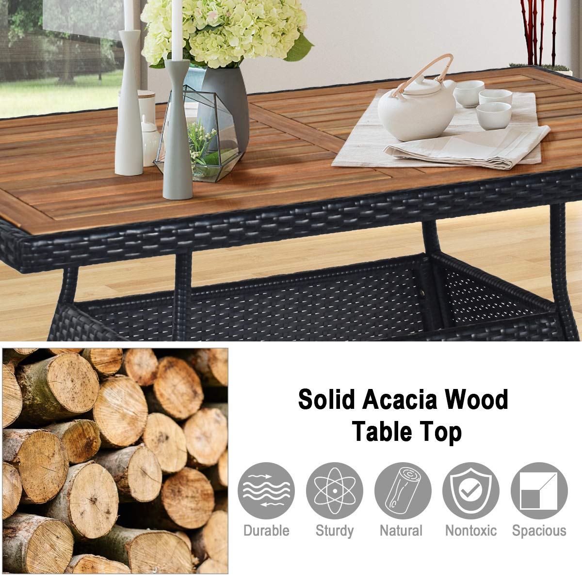 Tangkula 5-Piece Wicker Patio Dining Set - Outdoor Rattan Table & Chairs with Cushions, Acacia Wood Furniture for Garden, Balcony, Poolside & Backyard | Perfect for Outdoor Entertaining & Relaxation