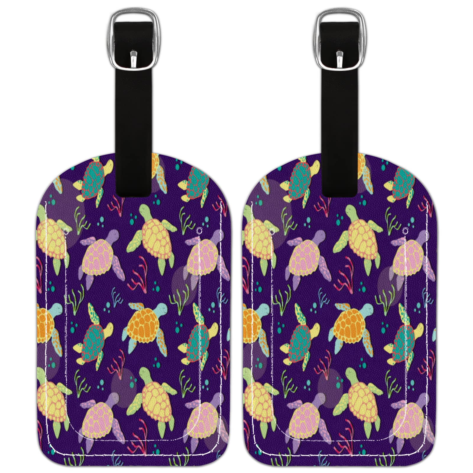 2 Pack Turtle Sea Animal Luggage Tags - PU Leather Suitcase ID Tags with Privacy Cover for Travel Bags | Durable Name Labels for Suitcases, Backpacks & Carry-Ons | Perfect for Airports, Cruises & Family Vacations