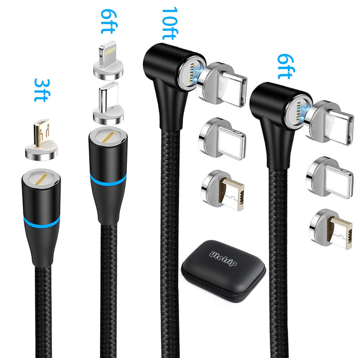 Utotrip Magnetic Charging Cable 4-Pack (3ft, 6ft, 6ft, 10ft) - 3A Fast Charging & Data Transfer Cable - 3-in-1 Magnetic Phone Charger Compatible with Micro USB & Type C (Black) - Perfect for Home, Office, Travel & Car Charging