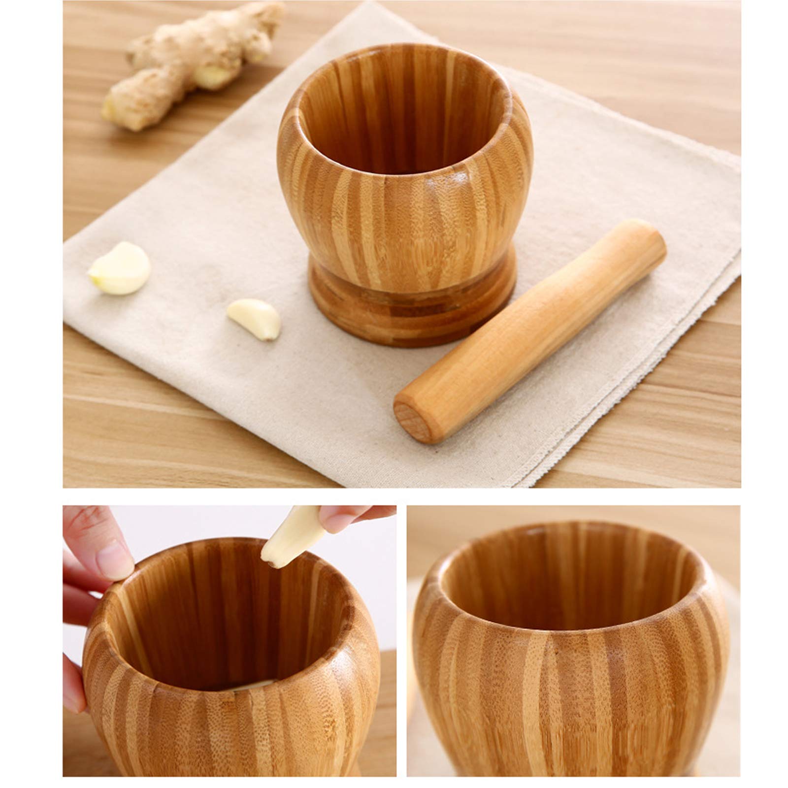 Premium Bamboo Wood Mortar and Pestle Set - Natural Guacamole Bowl, Garlic Crusher, Spice Grinder for Kitchen - Perfect for Guacamole, Salsa, Herbs & Spices - Eco-Friendly Kitchen Tool for Healthy Cooking