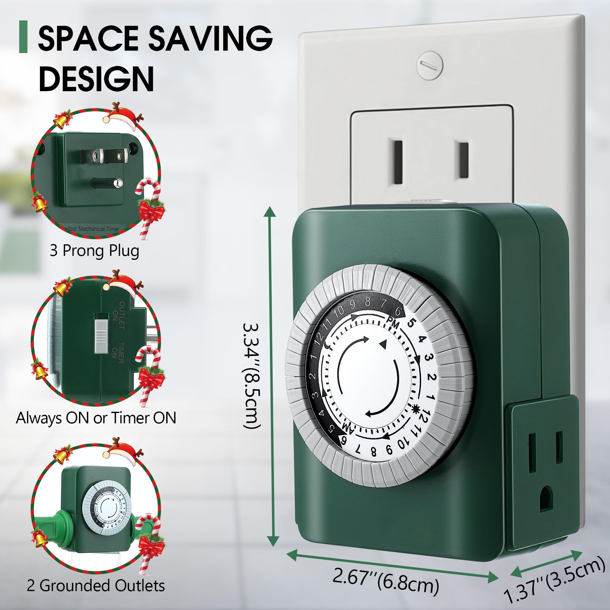 24 Hour 2 Grounded Outlets Mechanical Outlet Timer - Plug in Light Timer for Christmas Tree & Indoor Electrical Outlets - Daily On/Off Cycle - Perfect for Xmas Lights, Holiday Decorations & Home Appliances (2 Pack, Green)