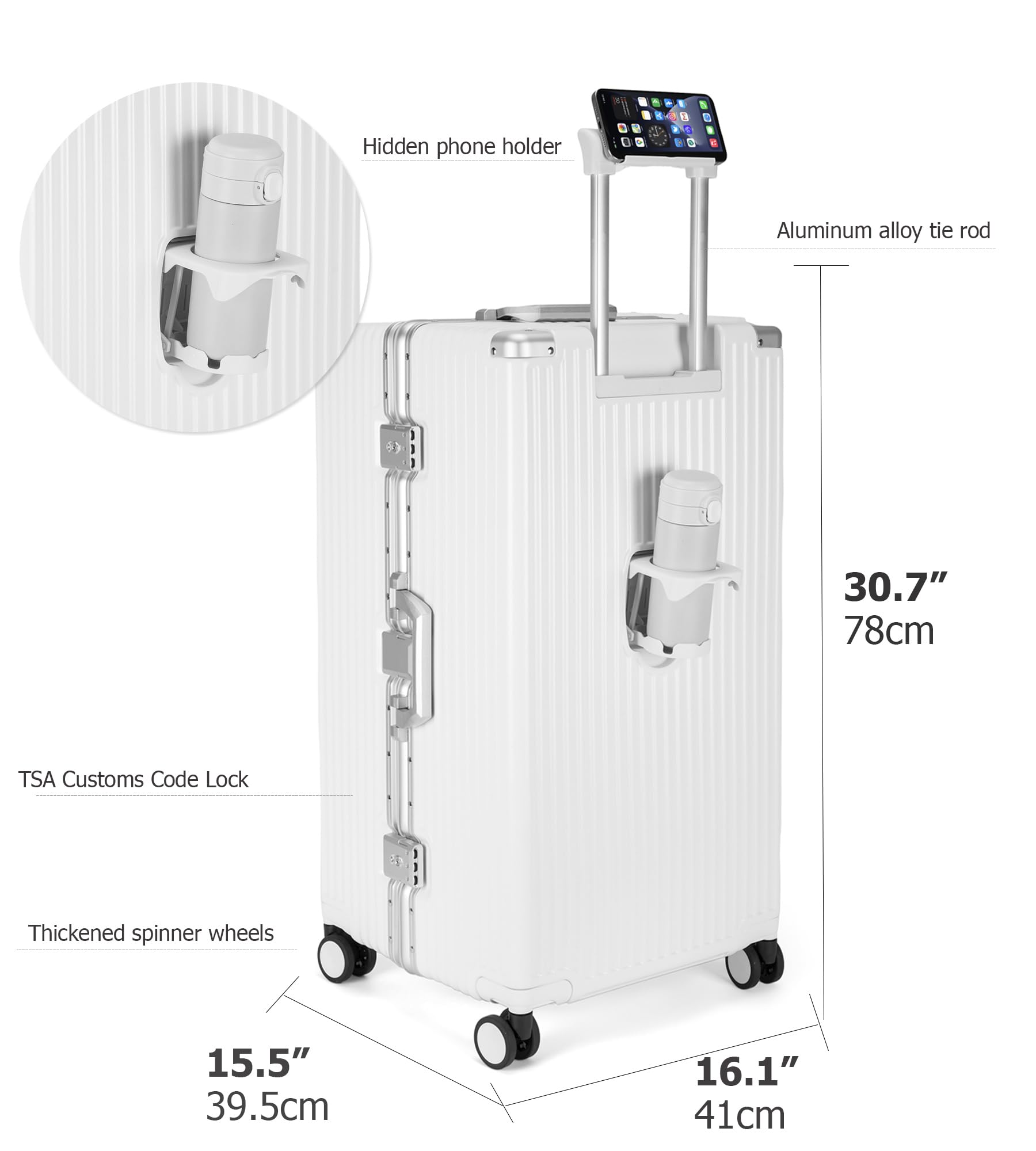 Feilario 30-inch Aluminum Frame Hardside Spinner Luggage - Zipperless Large Checked Suitcase with Cup Holder & Phone Holder | Perfect for Business Travel, Vacation & Airplane Carry-On