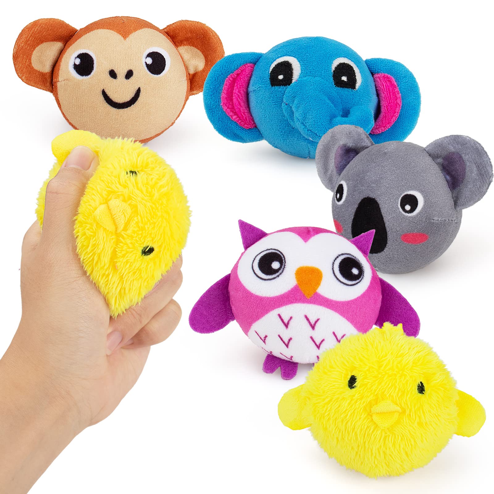 Teytoy Mini Sensory Stress Ball for Kids & Adults - 5 Pack Plush Stuffed Animal Toys (Owl, Elephant, Koala, Chicken, Monkey) - Anxiety Relief Squeeze Toys for Stress & Sensory Play - Perfect for Home, Office, School & Travel