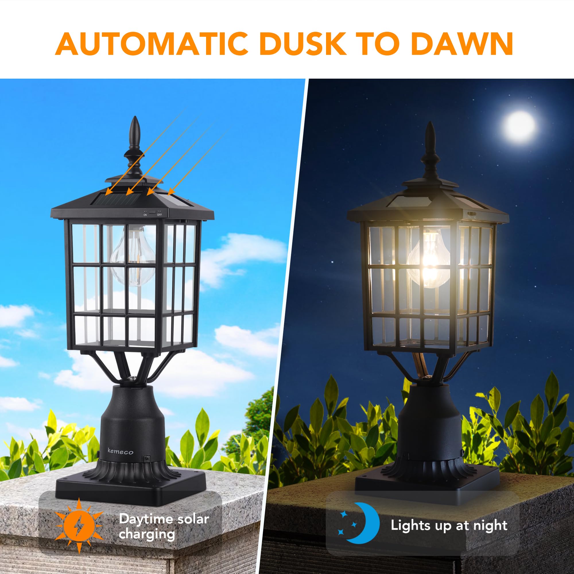 Kemeco 2 Pack Outdoor Solar Post Lights with Pier Mount Base - ST4224Q Black Cast Aluminum Waterproof LED Lamp for Yard, Garden, Pathway (Warm White) | Perfect for Lighting Driveways, Walkways, and Landscape Pillars