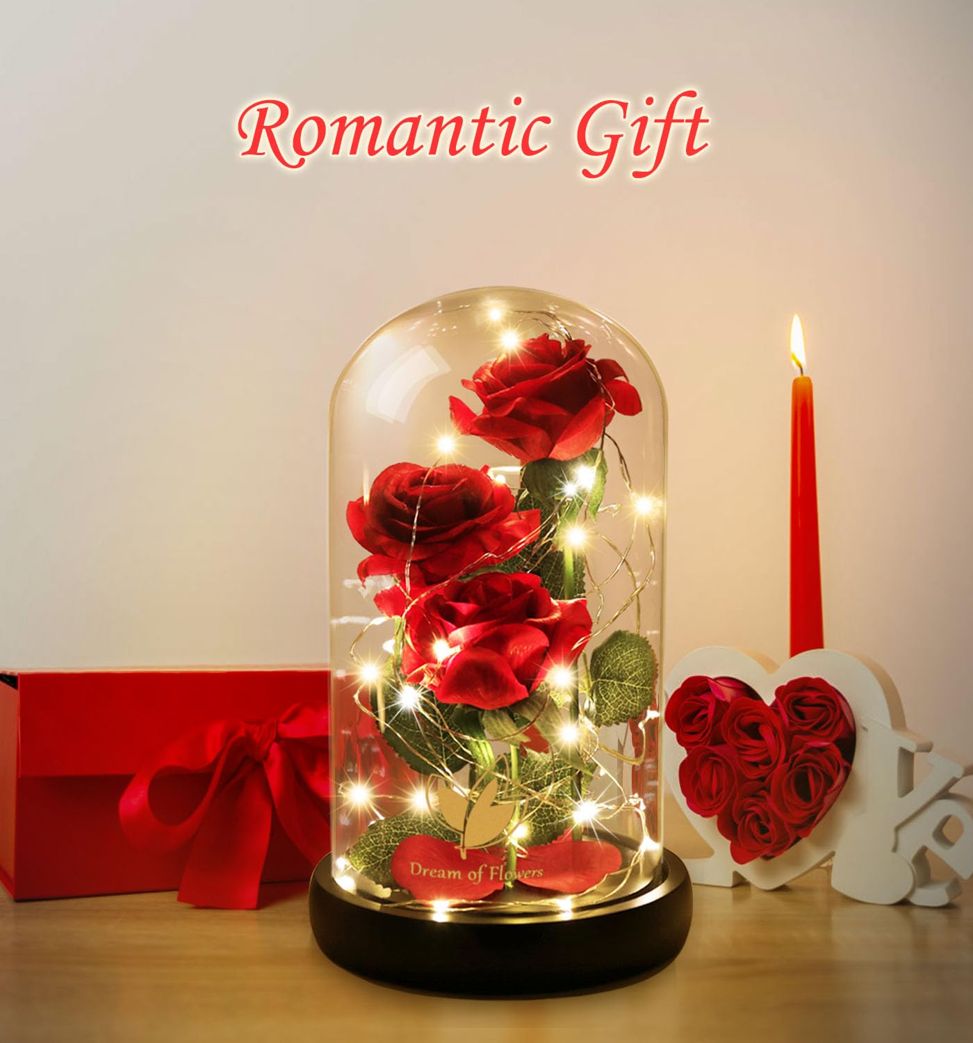 Beauty and The Beast Rose in Glass Dome - Romantic Red Silk Rose Flower Gift for Women, Valentine's Day, Anniversary & Birthday Presents - Perfect for Wife, Girlfriend & Loved Ones - Home Decor & Keepsake for Special Occasions