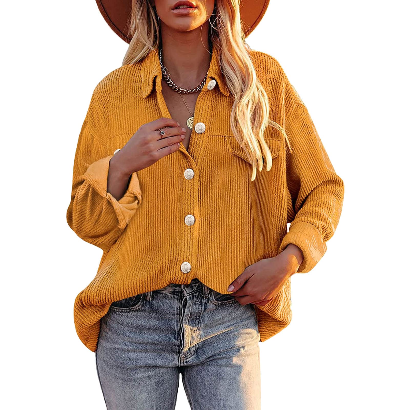 FMCHICO Women's Corduroy Long Sleeve Button Down Shirt - Oversized Jacket Top for Casual Wear, Work Office & Fall Outfits