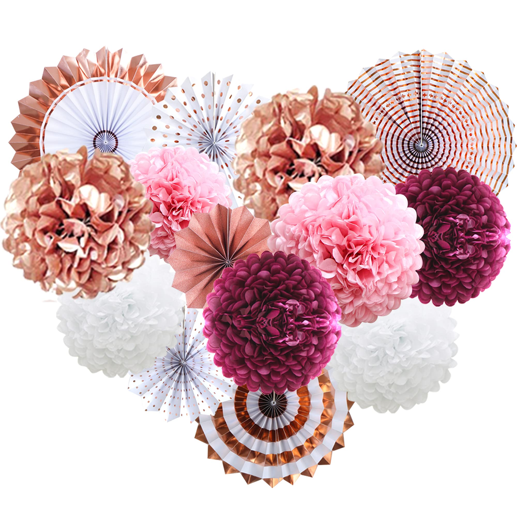 ADLKGG Burgundy Rose Gold Pink Party Decorations - Hanging Paper Fans & Tissue Pom Poms Flowers for Baby Showers, Bachelorette Parties, Birthdays, Weddings & Valentine's Day | Elegant Women's & Girls' Event Decor for Fall Celebrations