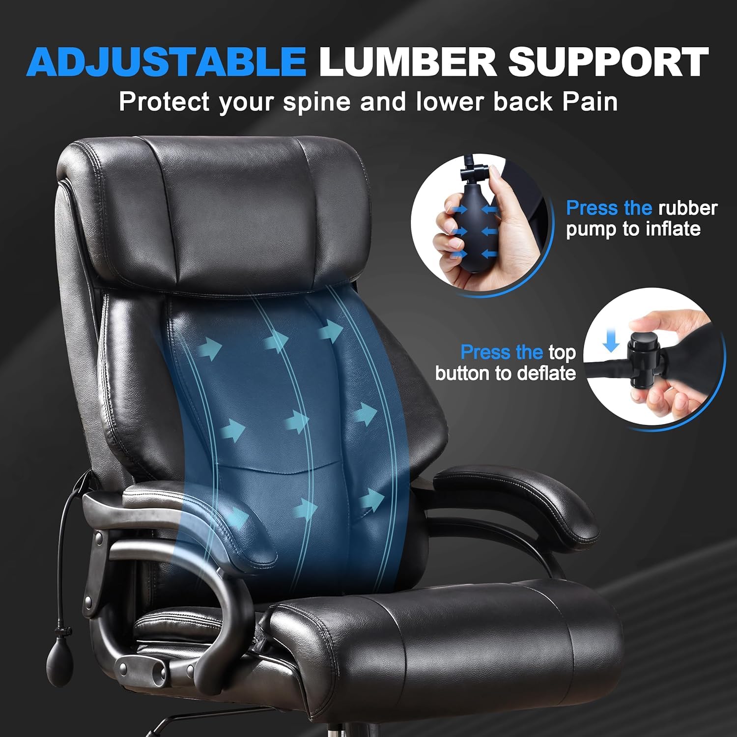 Heavy Duty Big and Tall Office Chair 500LBS Weight Capacity - Ergonomic Executive Chair for Back Pain Relief - Breathable Leather Seat for Long Hours Sitting - Dark Black - Perfect for Home Office, Gaming, and Workspace Comfort