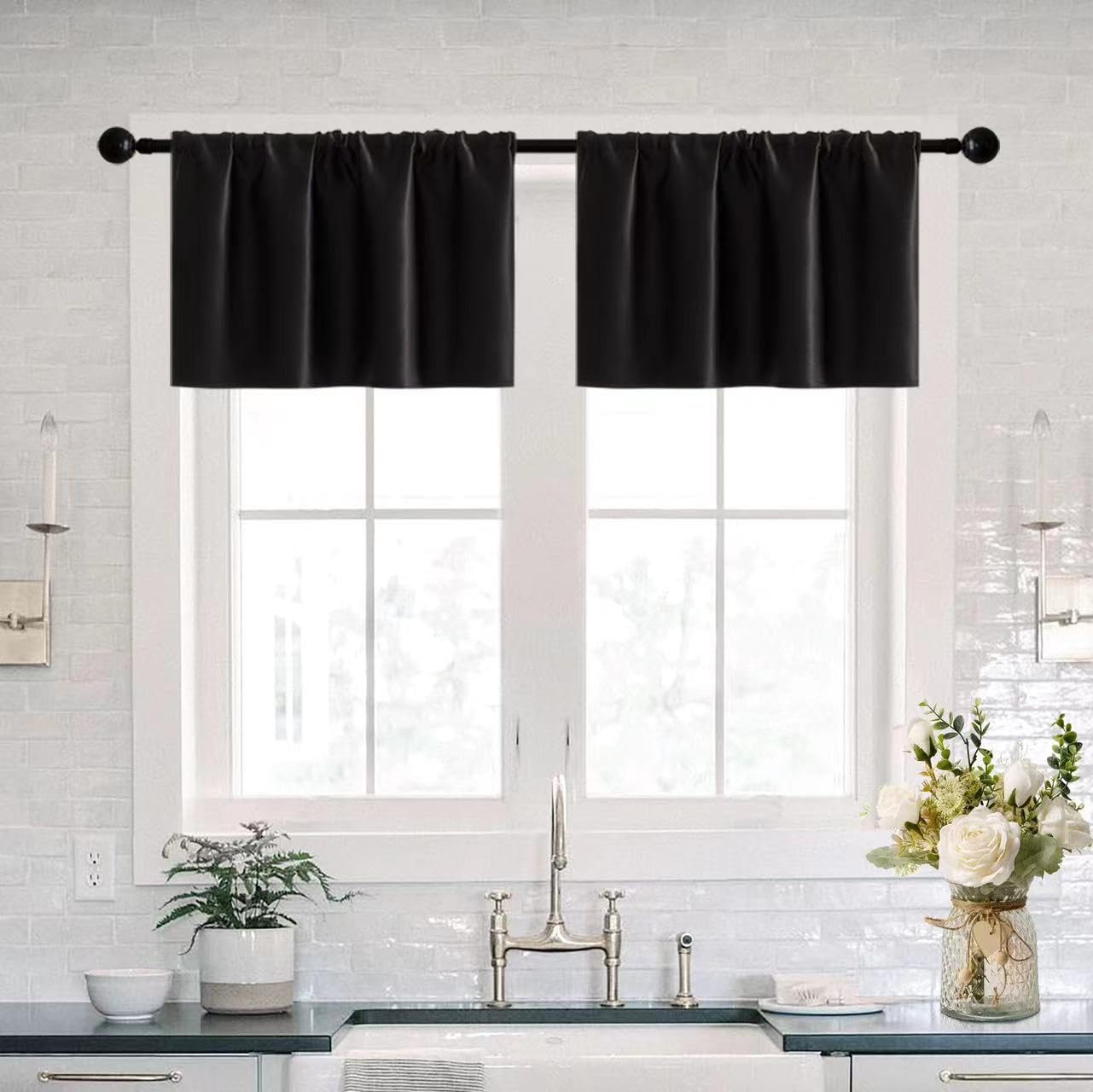 XTMYI 18 Inch Black Waterproof Window Valances - 2 Pack Rod Pocket Curtains for Bathroom, Small Basement & Kitchen - Moisture Resistant & Stylish Home Decor