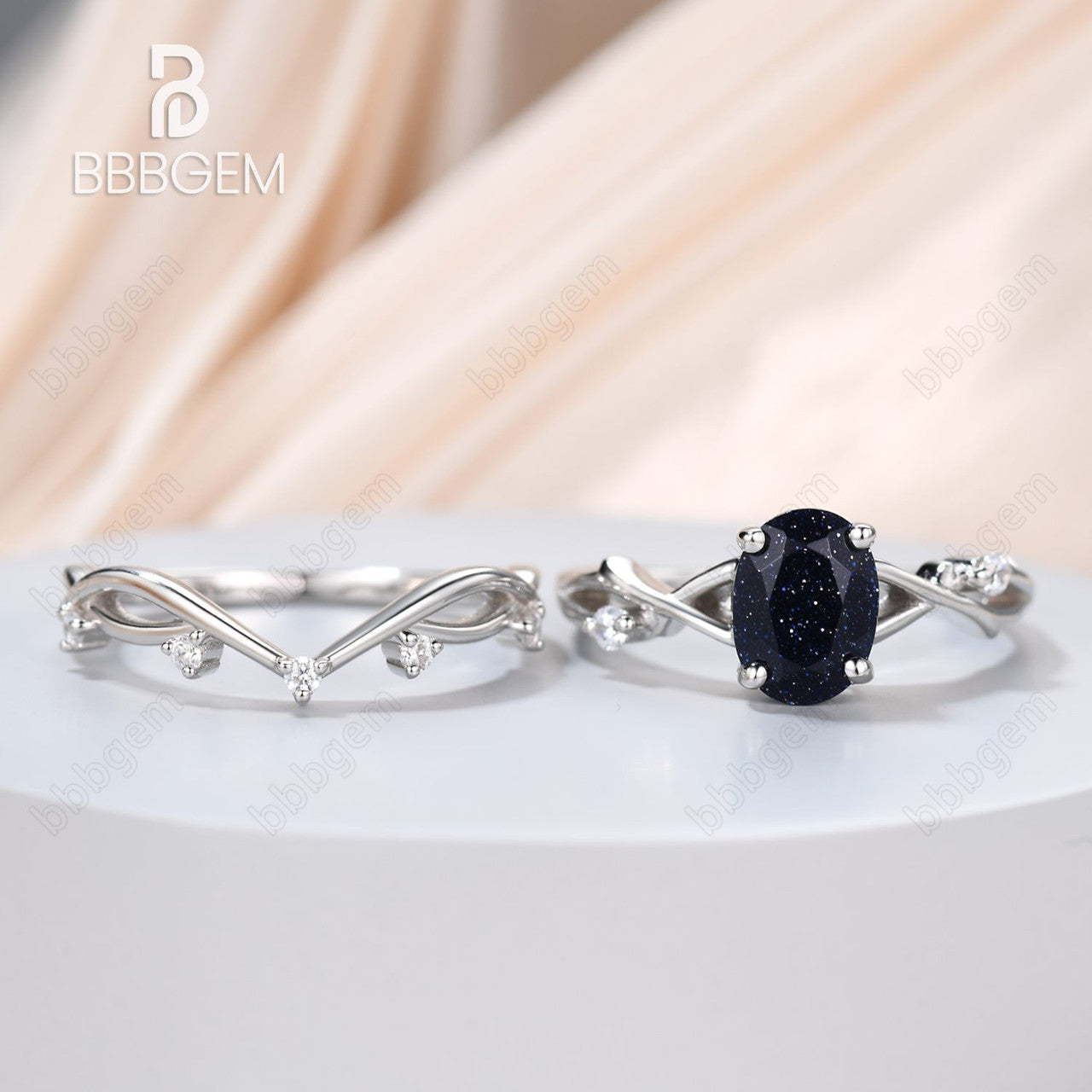 Oval Blue Sandstone Engagement Ring Set - 14K White Gold Solitaire Diamond Ring with Willow Twig Vine Design | Perfect for Proposals, Anniversaries & Wedding Jewelry