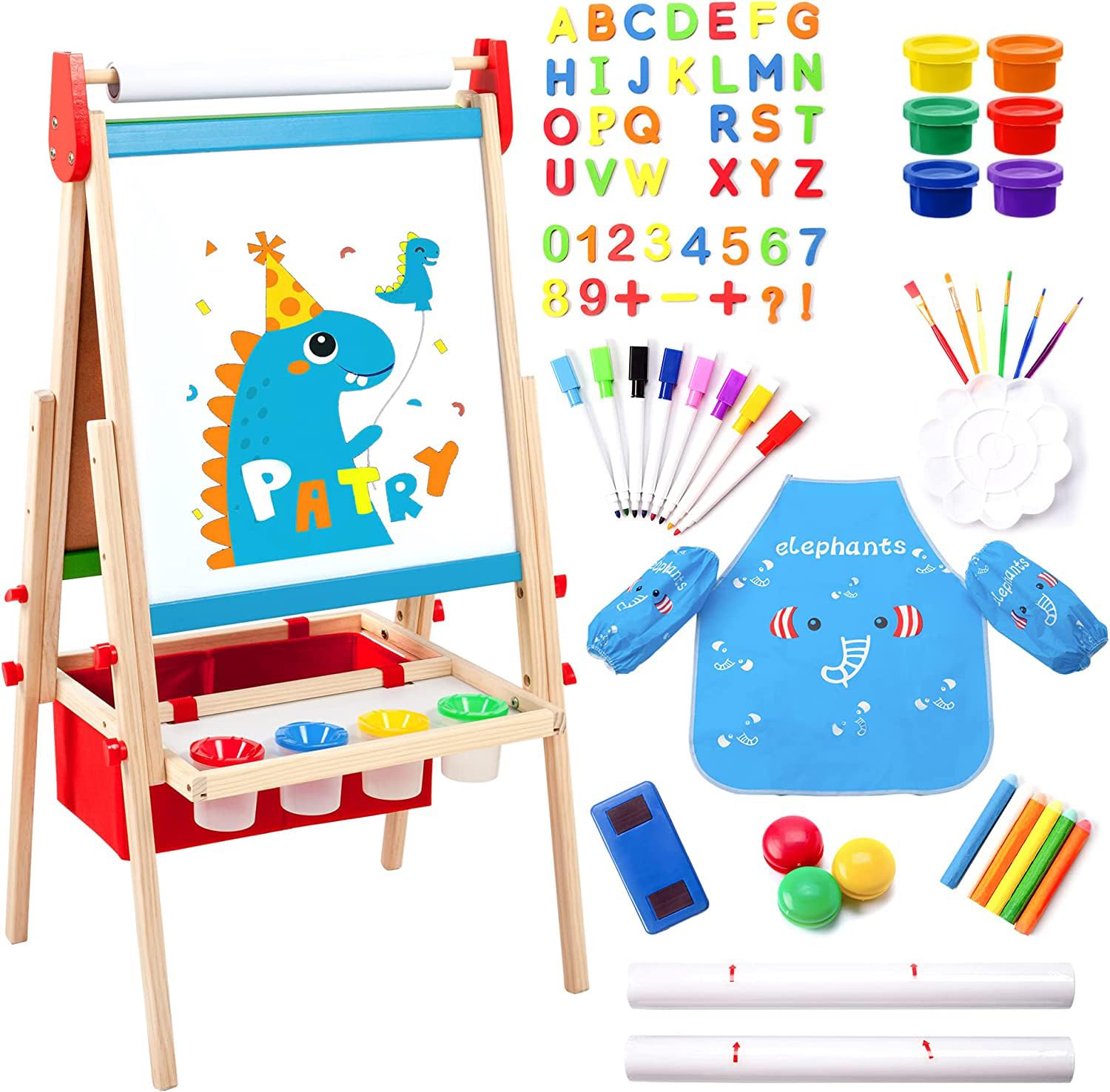 Double Sided Wooden Kids Easel with Magnetic Chalkboard & Whiteboard - Adjustable Height Art Easel for Toddlers Ages 3-8 | Includes 100+ Accessories, 2 Paper Rolls & Painting Supplies | Perfect for Home, Classroom & Creative Play