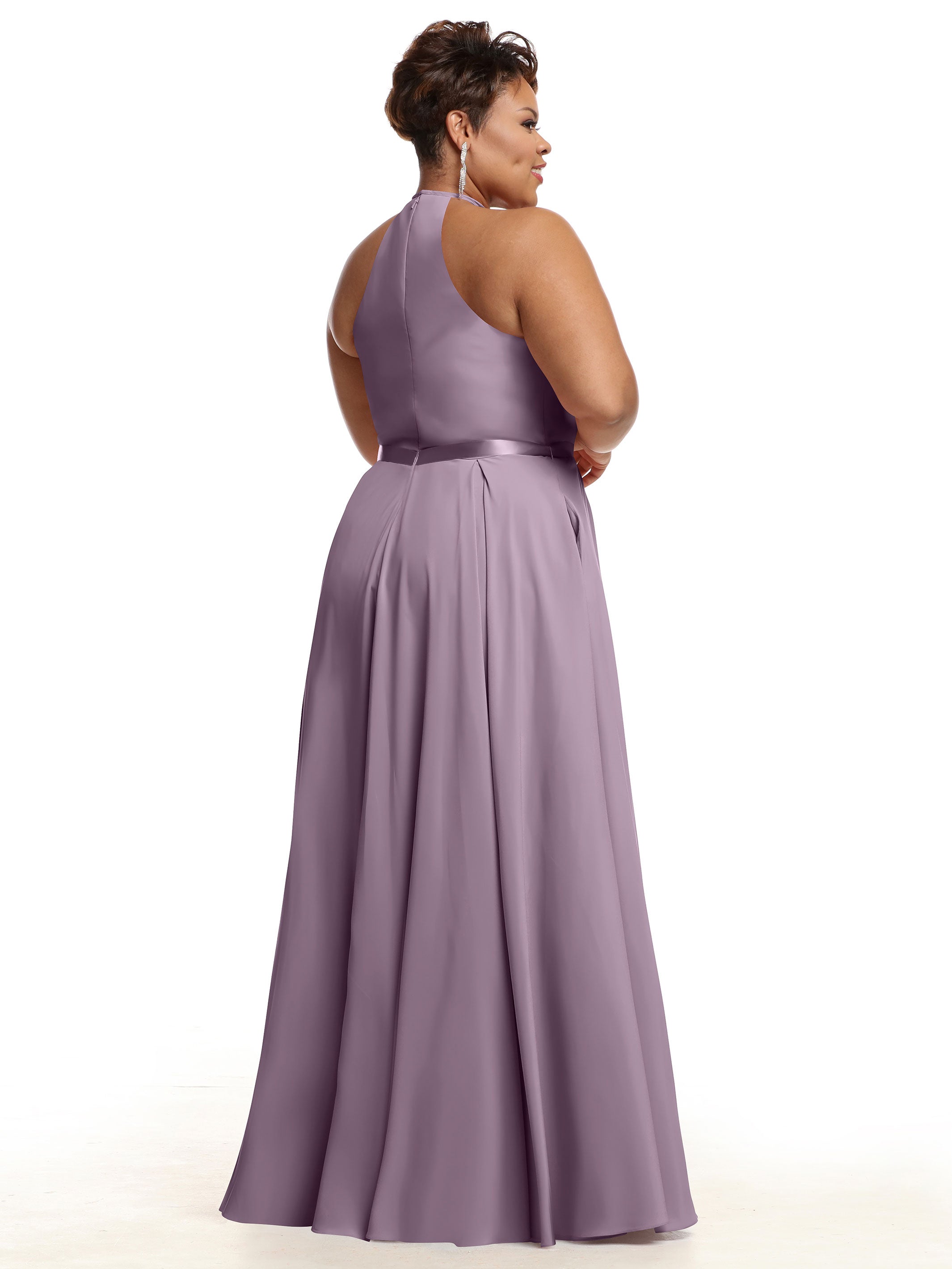 Elegant A-Line Stretch Chiffon Bridesmaid Dress with Halter Neckline & Waist Belt - Perfect for Weddings, Parties & Formal Events
