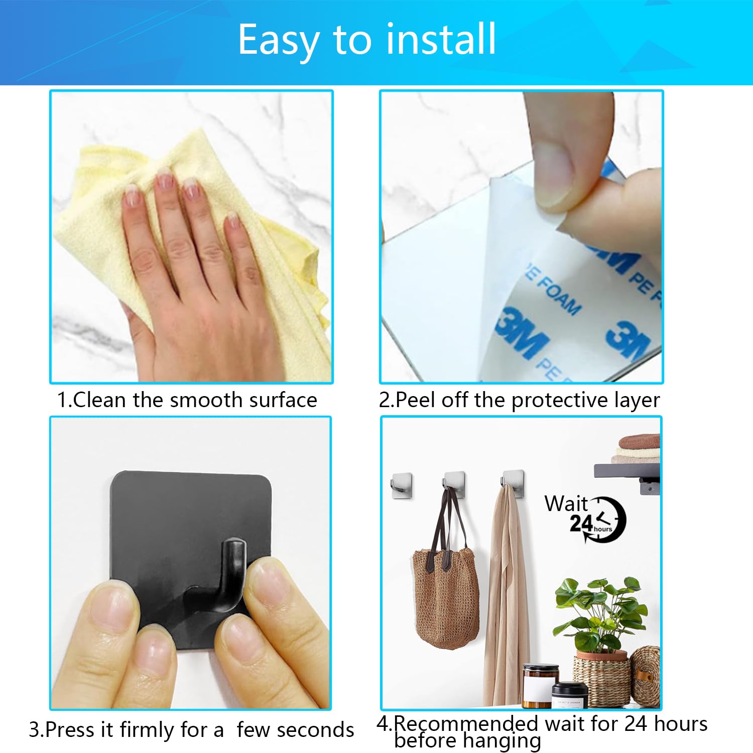Stainless Steel Black Adhesive Hooks 4 Pack - Heavy Duty Wall Hooks for Bathroom Towels, Coats & Kitchen Use - No Drill Bath & Kitchen Organization Solution