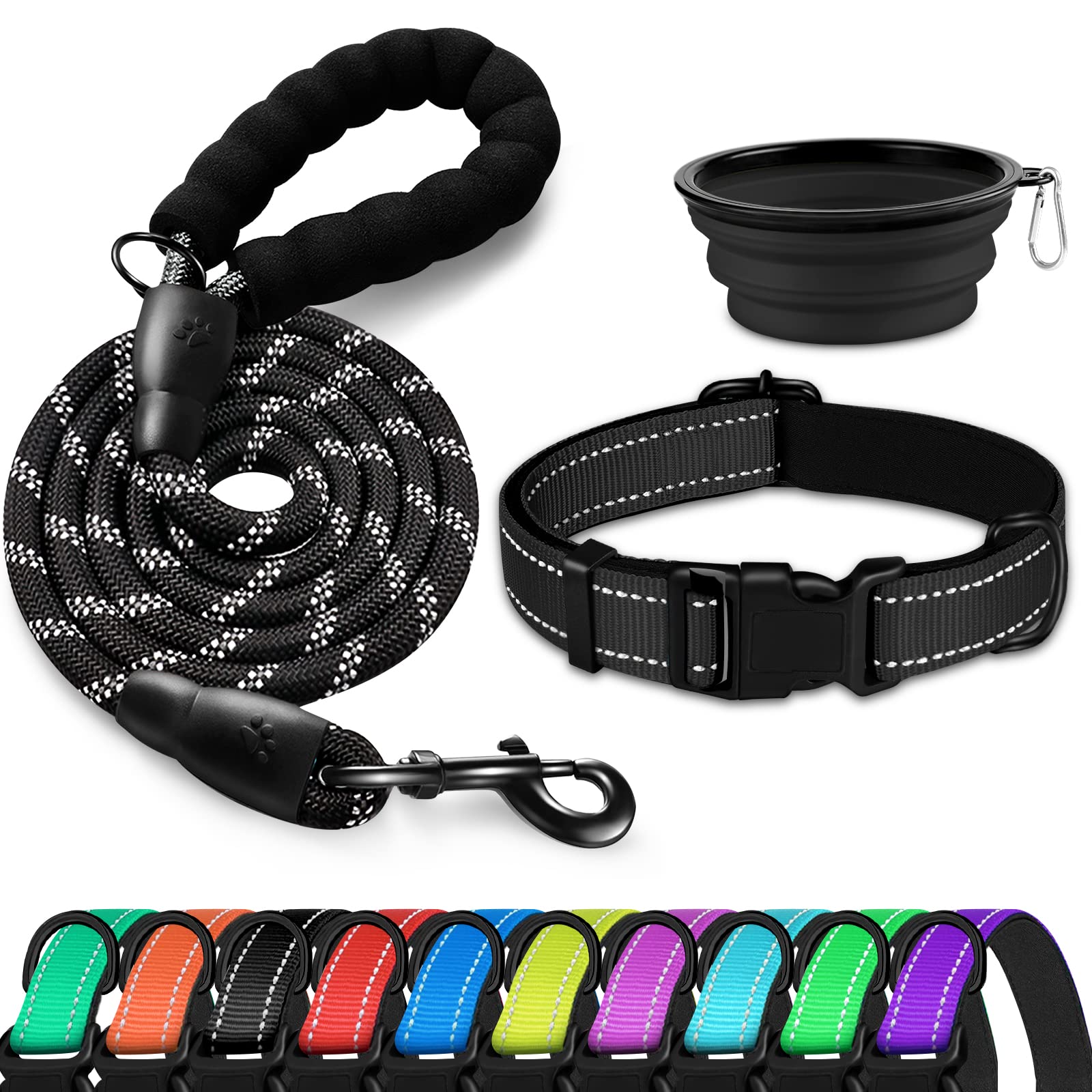 DOYOO Reflective Adjustable Dog Collar and Leash Set - Soft Neoprene Padded, Quick Release Buckle for Small Medium Large Dogs | Perfect for Walking, Training, and Outdoor Adventures with Free Collapsible Pet Bowl