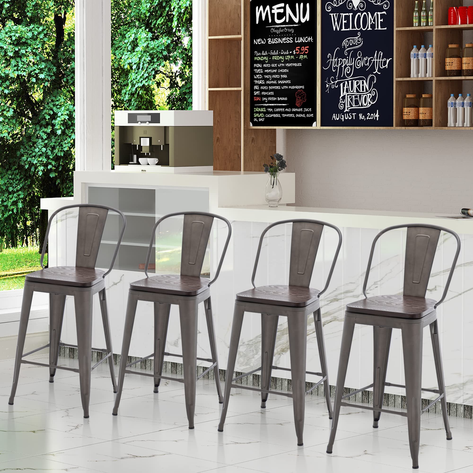 **Rustic Metal Counter Height Bar Stools Set of 4 - 26 Inch High Back Kitchen Counter Stools for Dining & Bar - Perfect for Farmhouse, Industrial, or Modern Kitchen Decor**