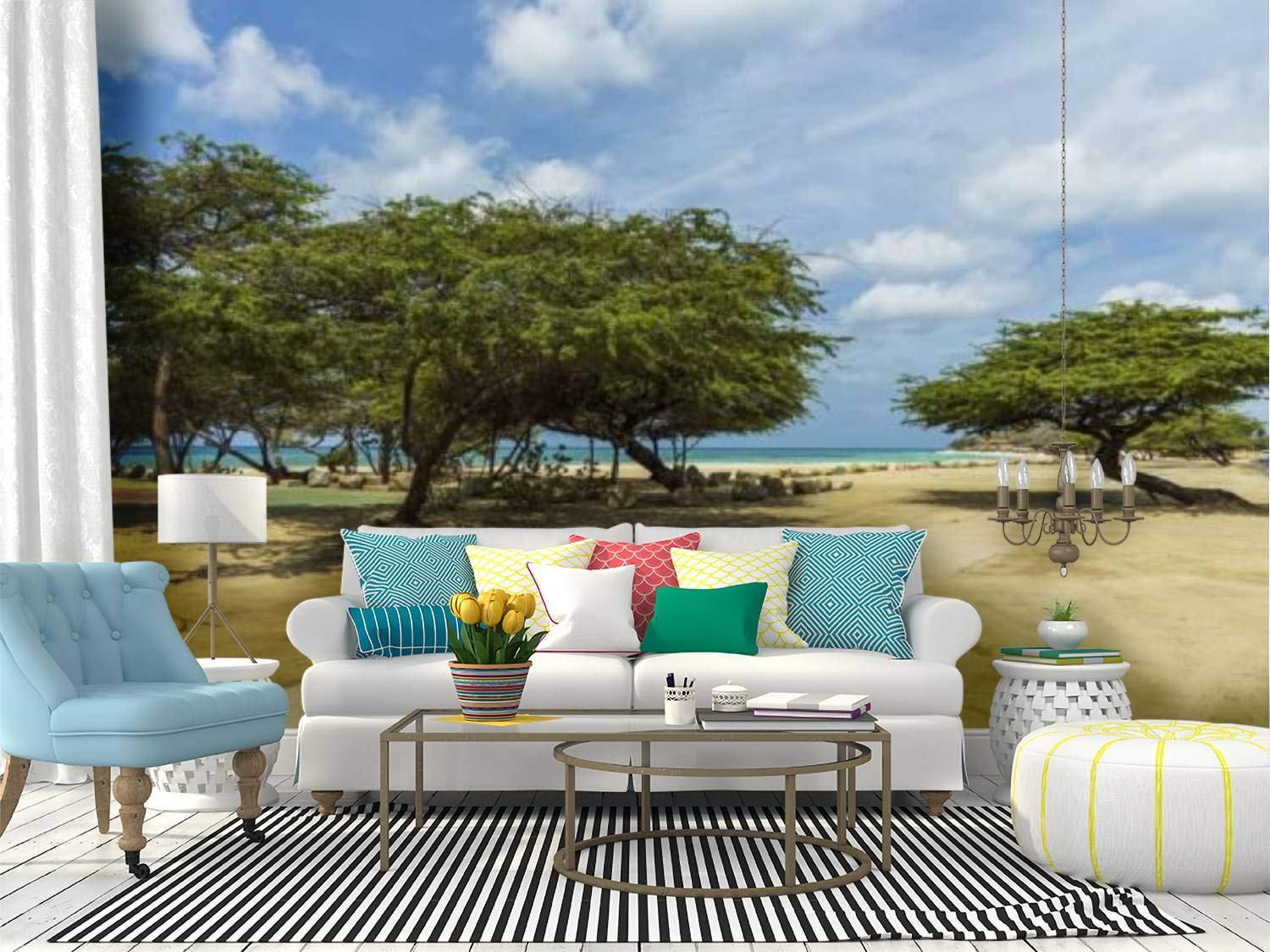 Self-Adhesive Peel and Stick Wallpaper - Tropical Beach Scenery with White Sand, Turquoise Waves, Green Trees & Blue Sky - Removable Vinyl Film Roll for Home Decor, Bedroom, Living Room, Office & Nursery Wall Stickers