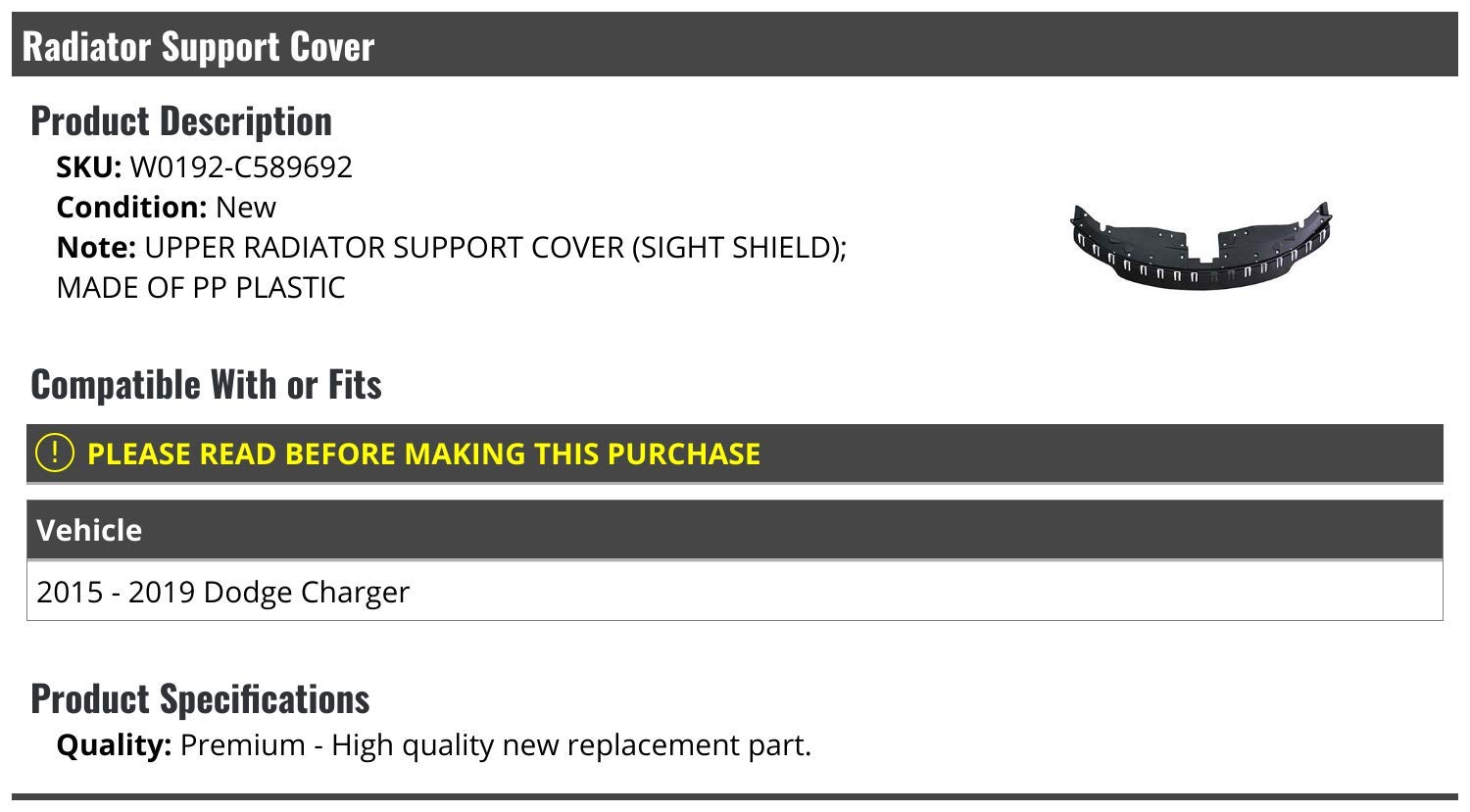 Upper Radiator Support Cover Compatible with 2015-2019 Dodge Charger - Durable Replacement Part for Engine Protection & Enhanced Vehicle Appearance - Perfect for Car Enthusiasts & DIY Auto Repairs