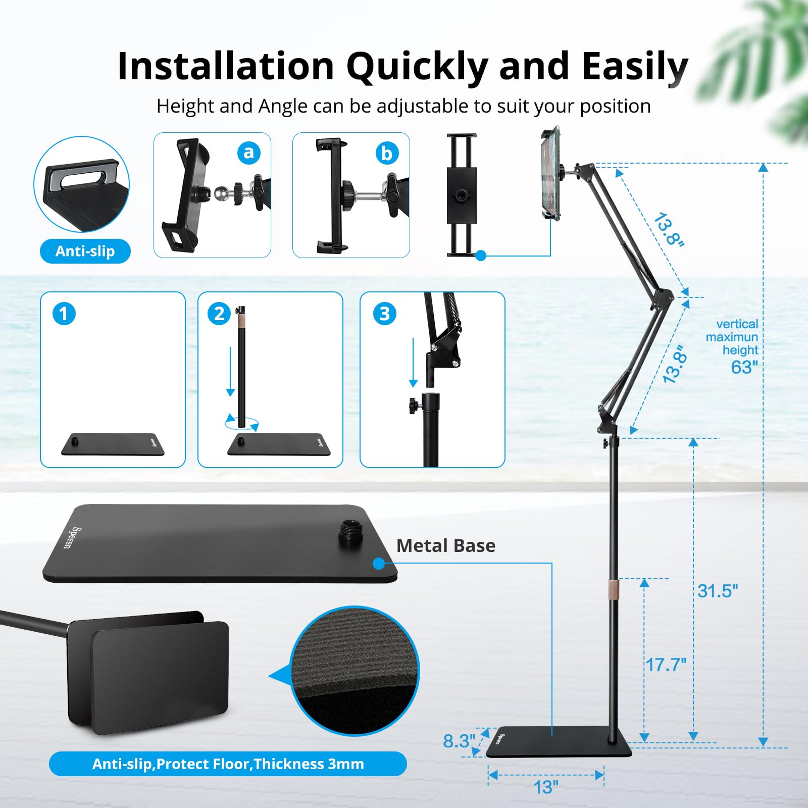 Adjustable Metal Tablet Floor Stand & Overhead Bed Phone Mount - Universal Holder for iPad, iPhone X, iPad Pro, Kindle (4.5-12.9