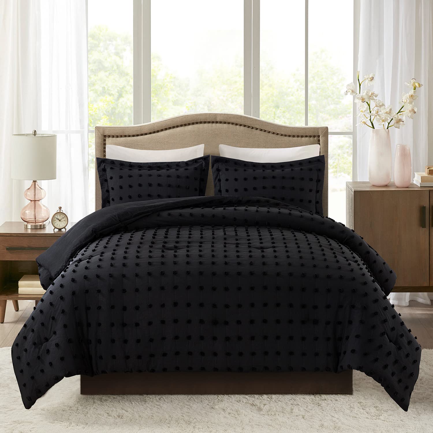 JML Twin Size Comforter Set - 2 Piece Jacquard Tufted Dot Bedding Set with 1 Pillowcase | Ultra Soft All Season Comforter for Bedroom & Guest Room | Black Luxury Home Decor for Cozy Sleep & Stylish Decor