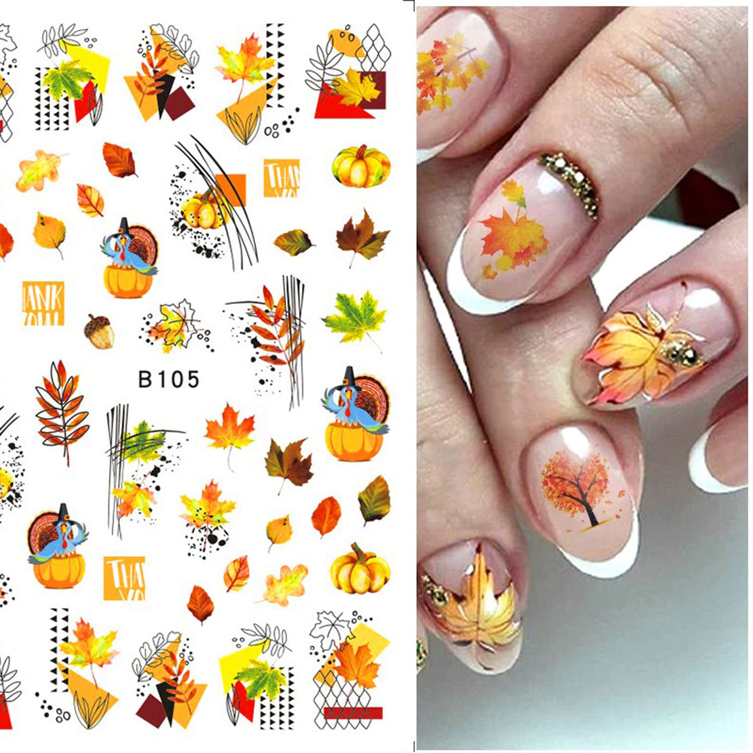 Fall Nail Art Stickers - 10 Sheets Maple Leaf & Pumpkin 3D Self-Adhesive Nail Decals for Autumn & Thanksgiving - DIY Manicure Decorations for Women | Perfect for Halloween, Thanksgiving Parties & Seasonal Nail Art