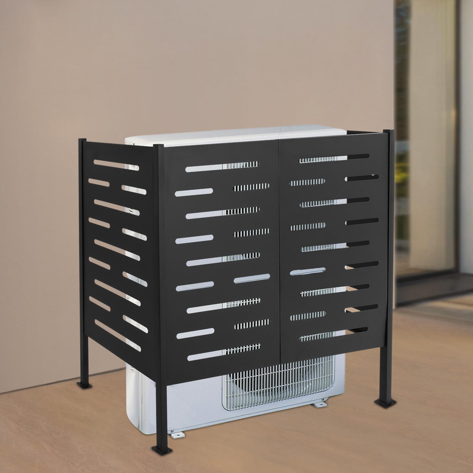 Outdoor AC Unit Privacy Fence - 3-Panel Black Wooden Screen with Metal Stakes (48.03
