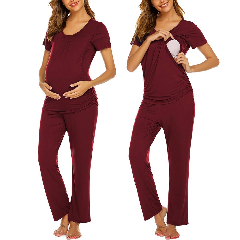 Ekouaer Women's Maternity Nursing Pajama Set - Soft Breastfeeding Sleepwear with Double Layer Short Sleeve Top & Pants for Pregnancy & Postpartum Comfort - Perfect for Nighttime Nursing, Lounging & Hospital Stay