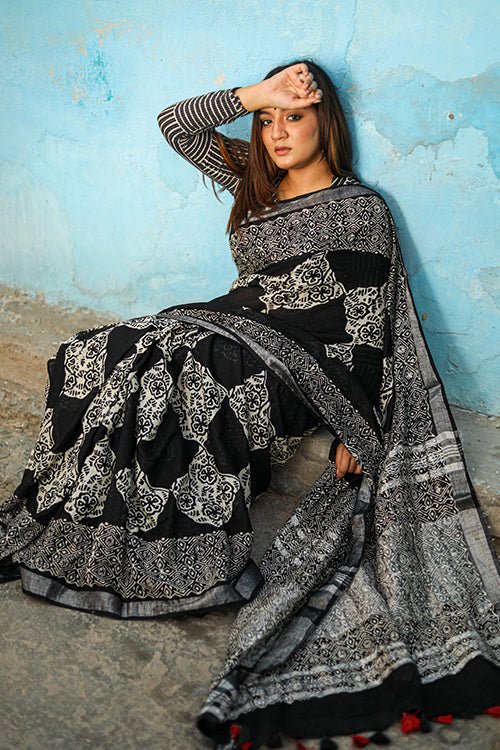 Handblock Printed Slub Cotton Saree | CHUNA PATRI Traditional Indian Saree for Women | Perfect for Festivals, Weddings & Cultural Events