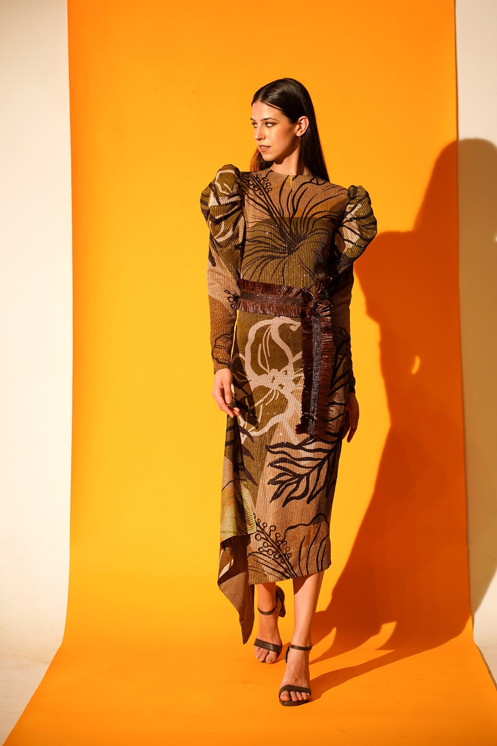 Tropical Brown Mutton Sleeve Slit Dress - Women's Elegant Summer Maxi Dress for Beach Vacation & Party Wear