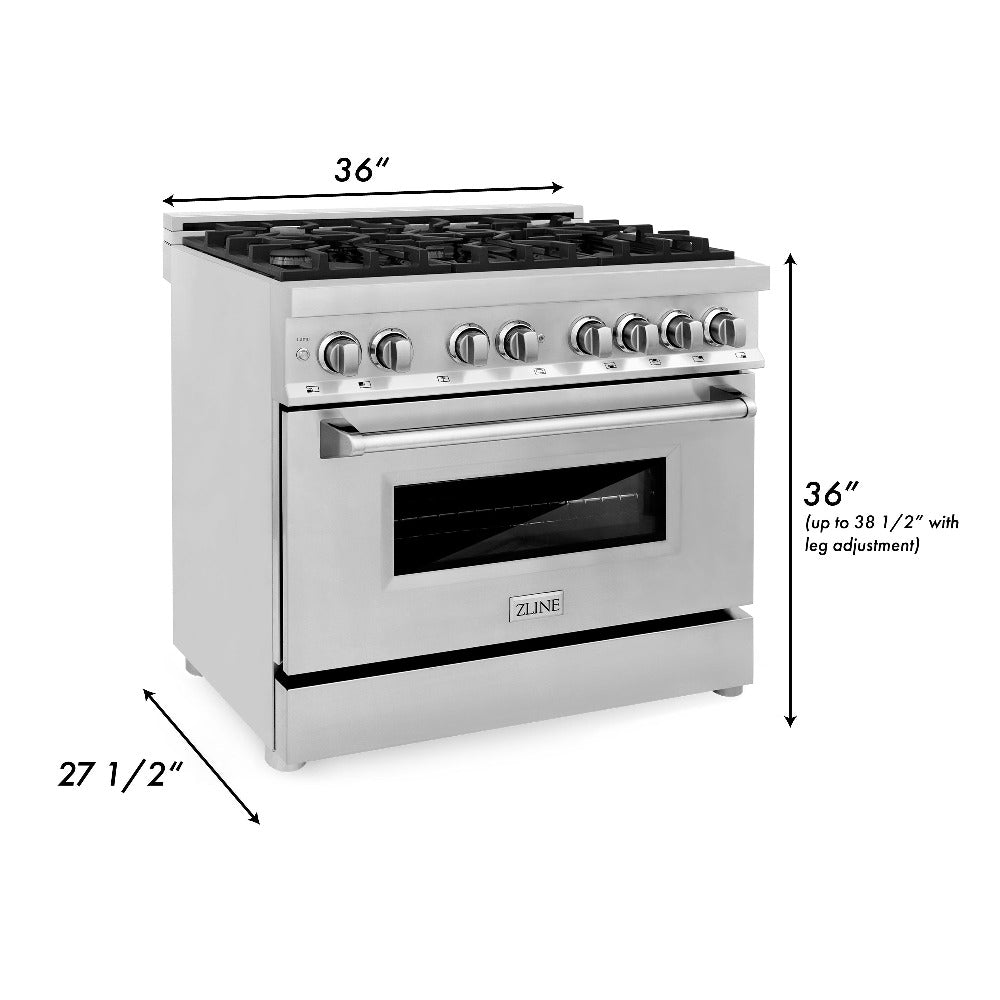 ZLINE 36 Inch Stainless Steel Kitchen Package - Dual Fuel Range, Range Hood, Microwave Drawer & Tall Tub Dishwasher (4KP RARH36 MWDWV) | Perfect for Modern Home Chefs & Open Concept Kitchens