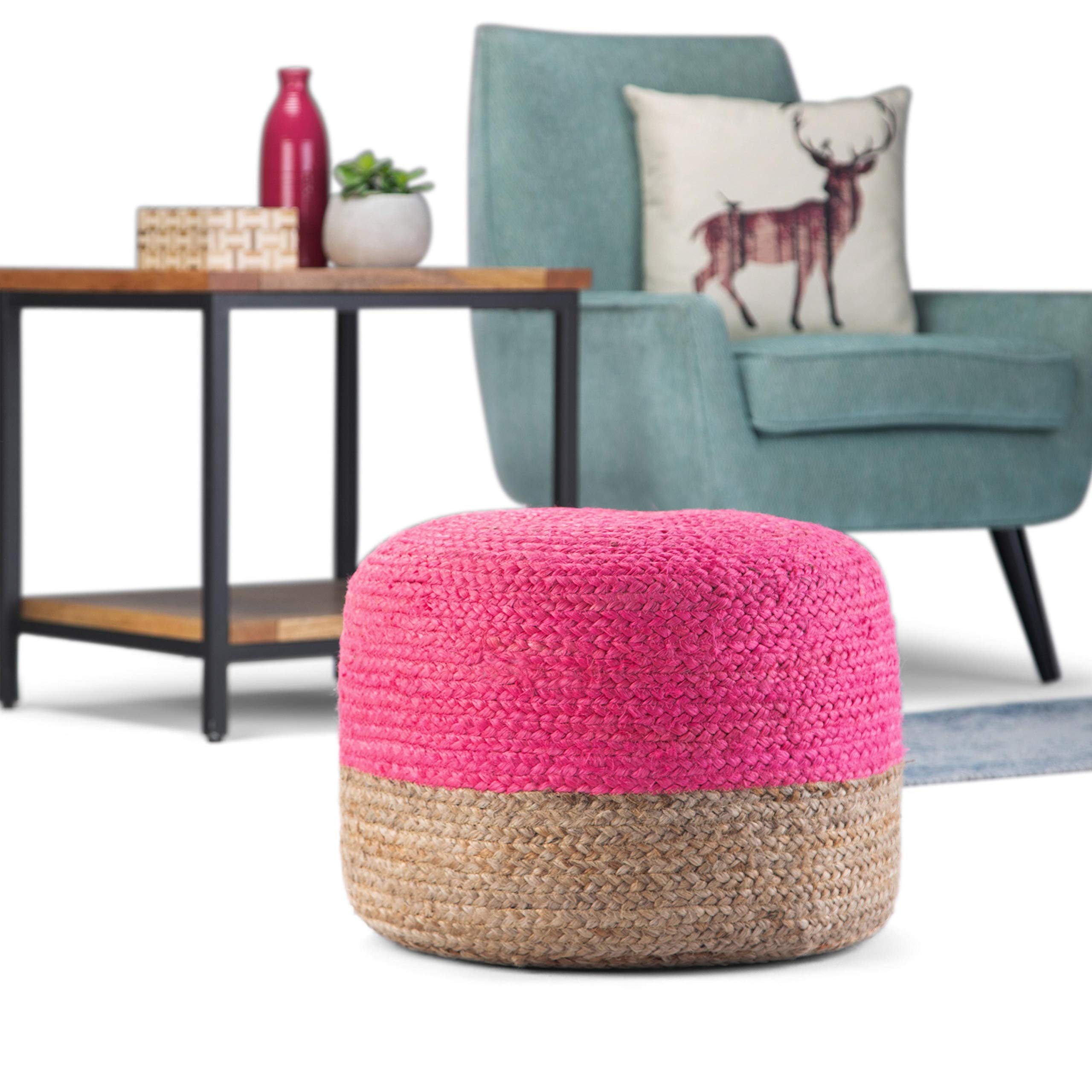SIMPLIHOME Lydia Round Pouf - Pink Upholstered Footstool with Natural Braided Jute Accent | Boho Chic Ottoman for Living Room, Bedroom & Nursery | Perfect for Relaxing, Extra Seating & Home Decor