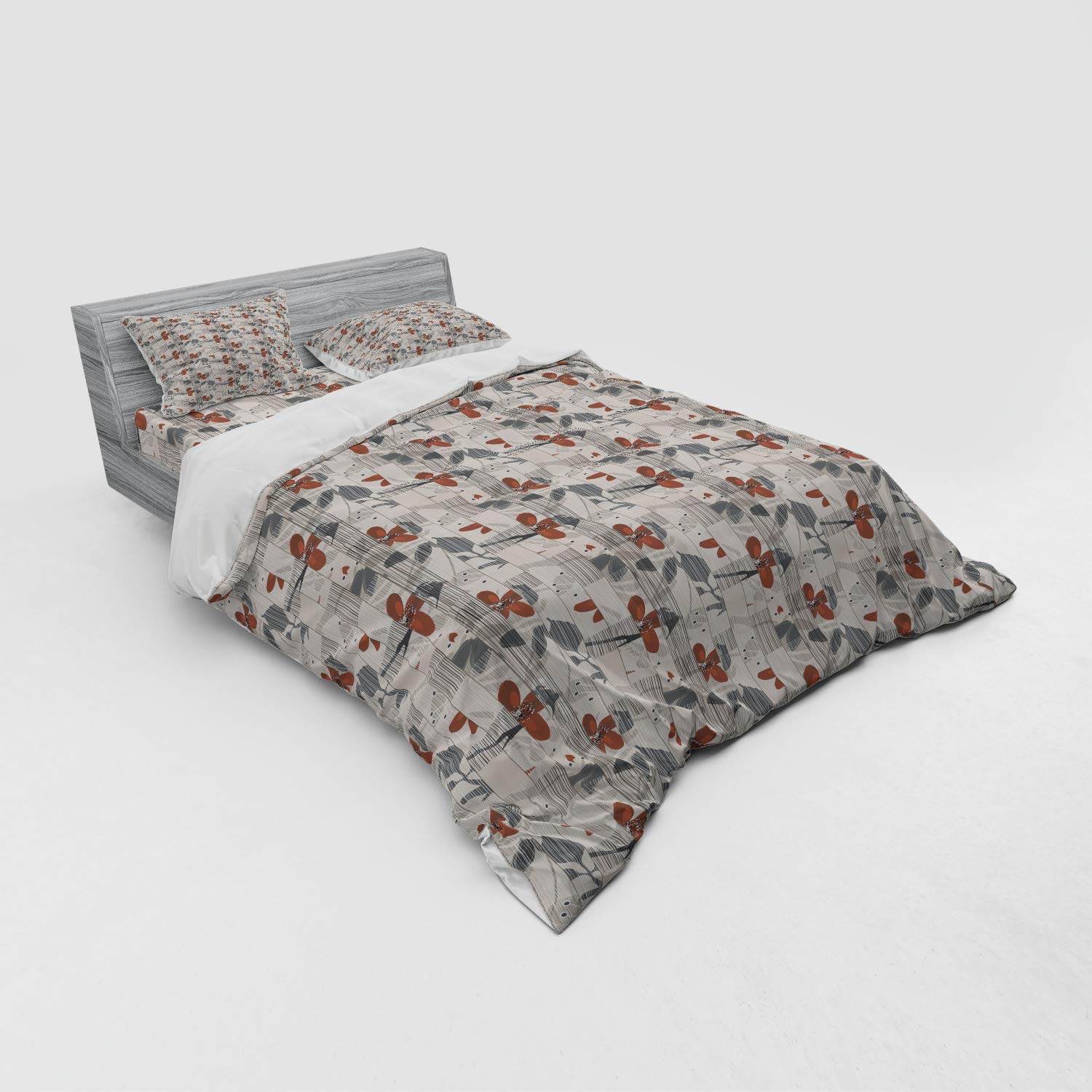 Ambesonne Abstract Floral Duvet Cover Set - 4 Piece Queen Size Bedding with Shams & Fitted Sheet, Dark Taupe Ruby - Romantic Blooming Spring Design with Vertical Lines | Perfect for Master Bedroom, Guest Room & Spring Home Decor