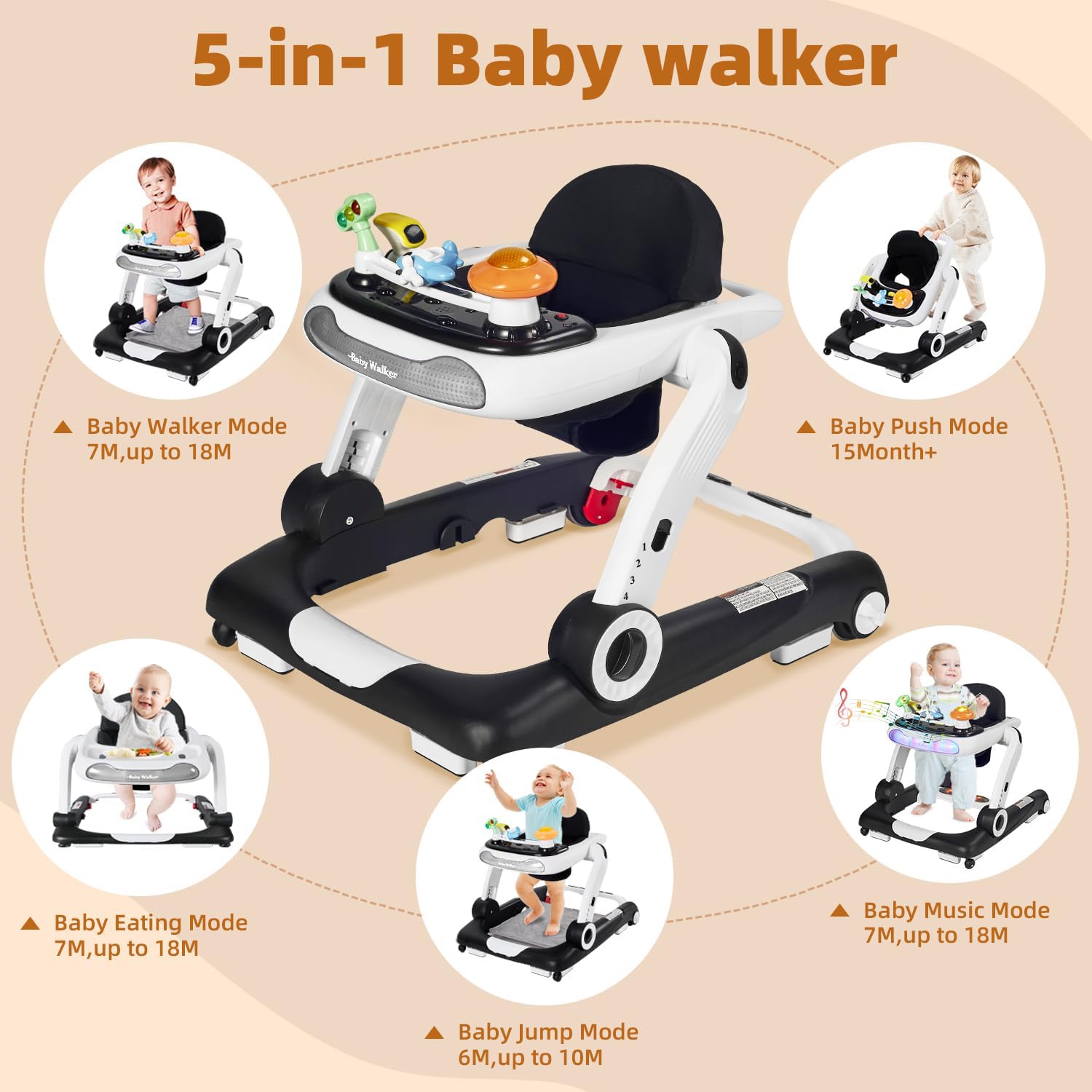 5-in-1 Adjustable Height Baby Walker with Music, Lights & Removable Toys - Activity Center & Bouncer for Boys & Girls 6-18 Months - Perfect for Learning to Walk & Playtime Fun