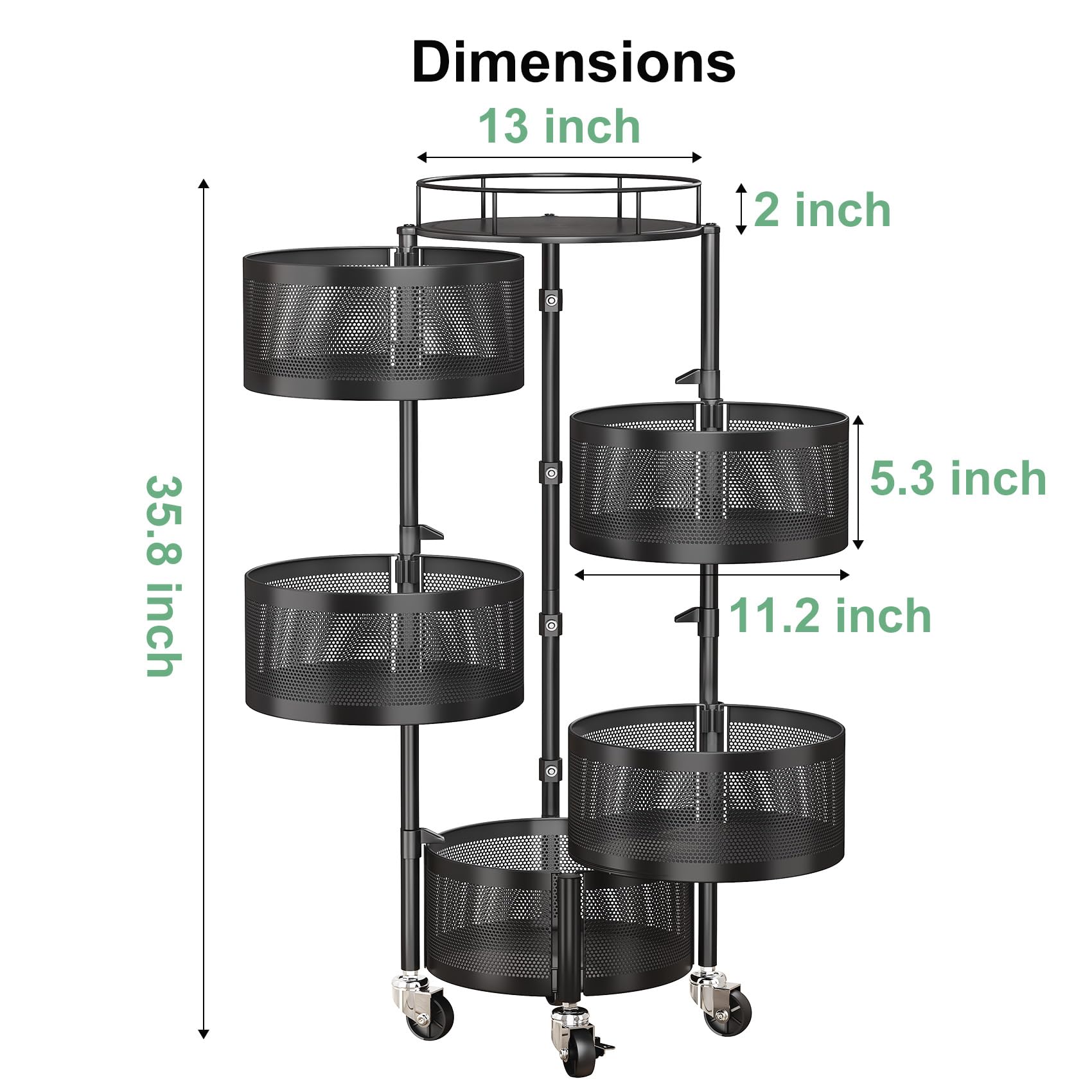 5-Tier Rotating Fruit & Vegetable Storage Basket with Lid - Large Metal Wire Wheels Rolling Cart for Kitchen Organization | Perfect for Pantry, Refrigerator & Countertop Storage