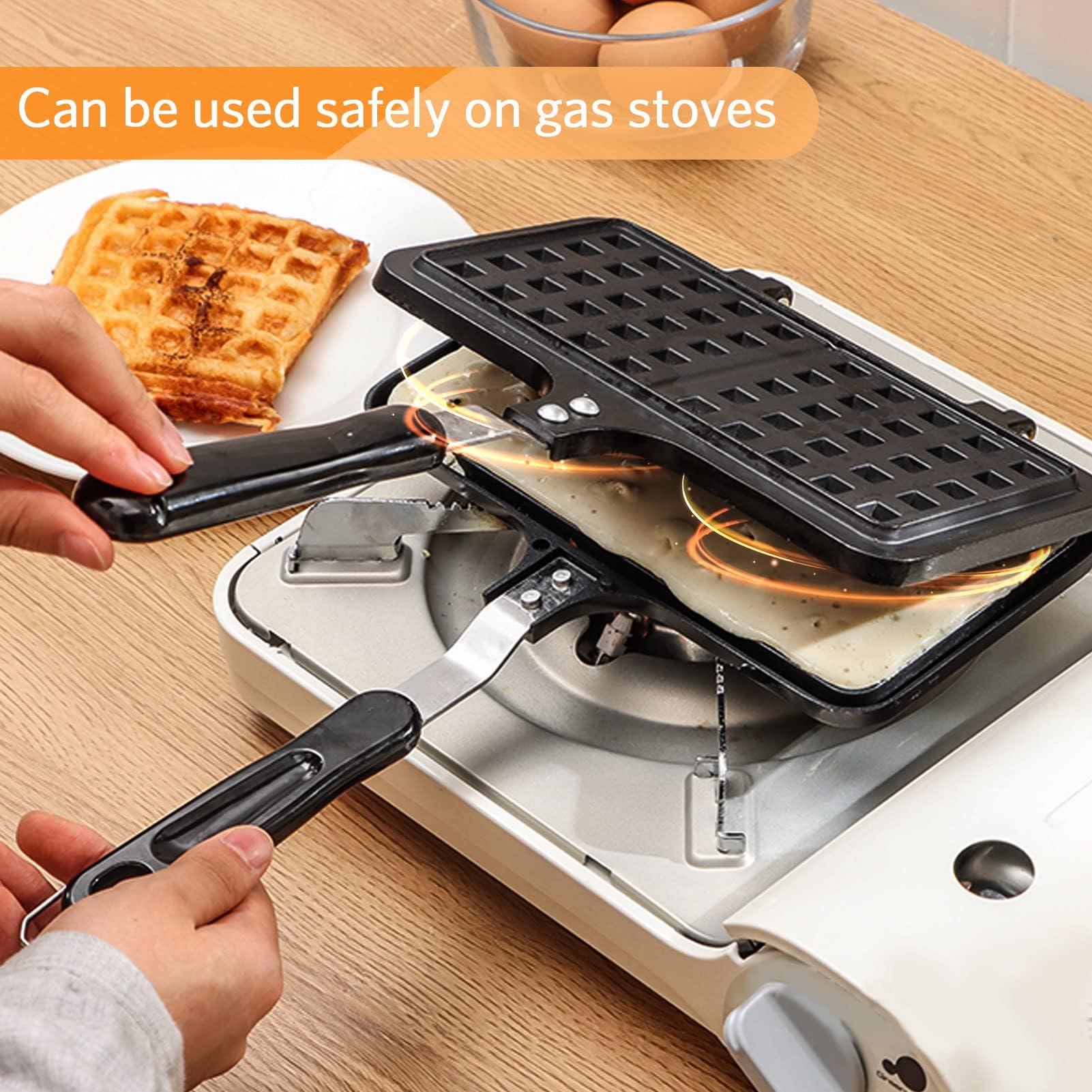 Cast Iron Stovetop Waffle Maker - Dual Head Non-Stick Belgian Waffle Iron for Pancakes, Panini & Sandwiches - Perfect for Breakfast, Camping & RV Cooking (13.19 x 8.46 Inches)