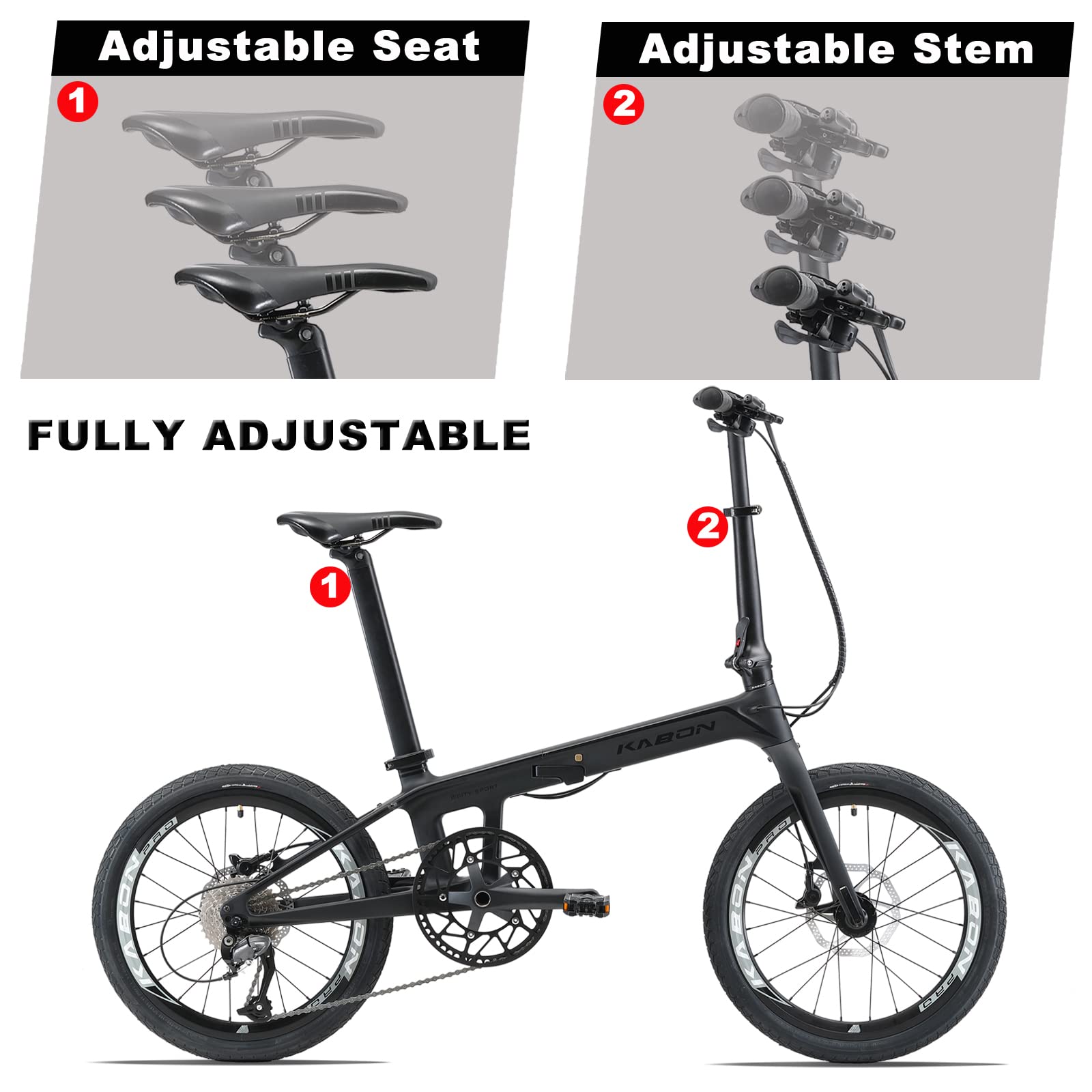 KABON Carbon Fiber Folding Bike for Adults - 20 Inch Wheels, Lightweight Compact Commuter Bicycle for Women & Men - Perfect for City Travel, Public Transport & Small Space Storage
