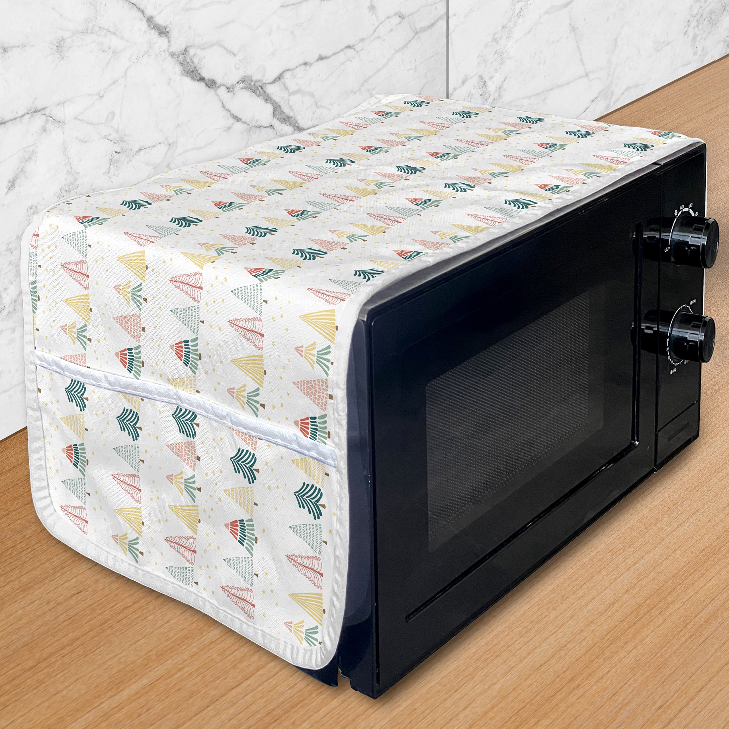 Ambesonne Microwave Oven Cover - Pastel Fir Trees Woodland Snowflakes Christmas Theme, Waterproof Kitchen Organizer with Pockets, 36