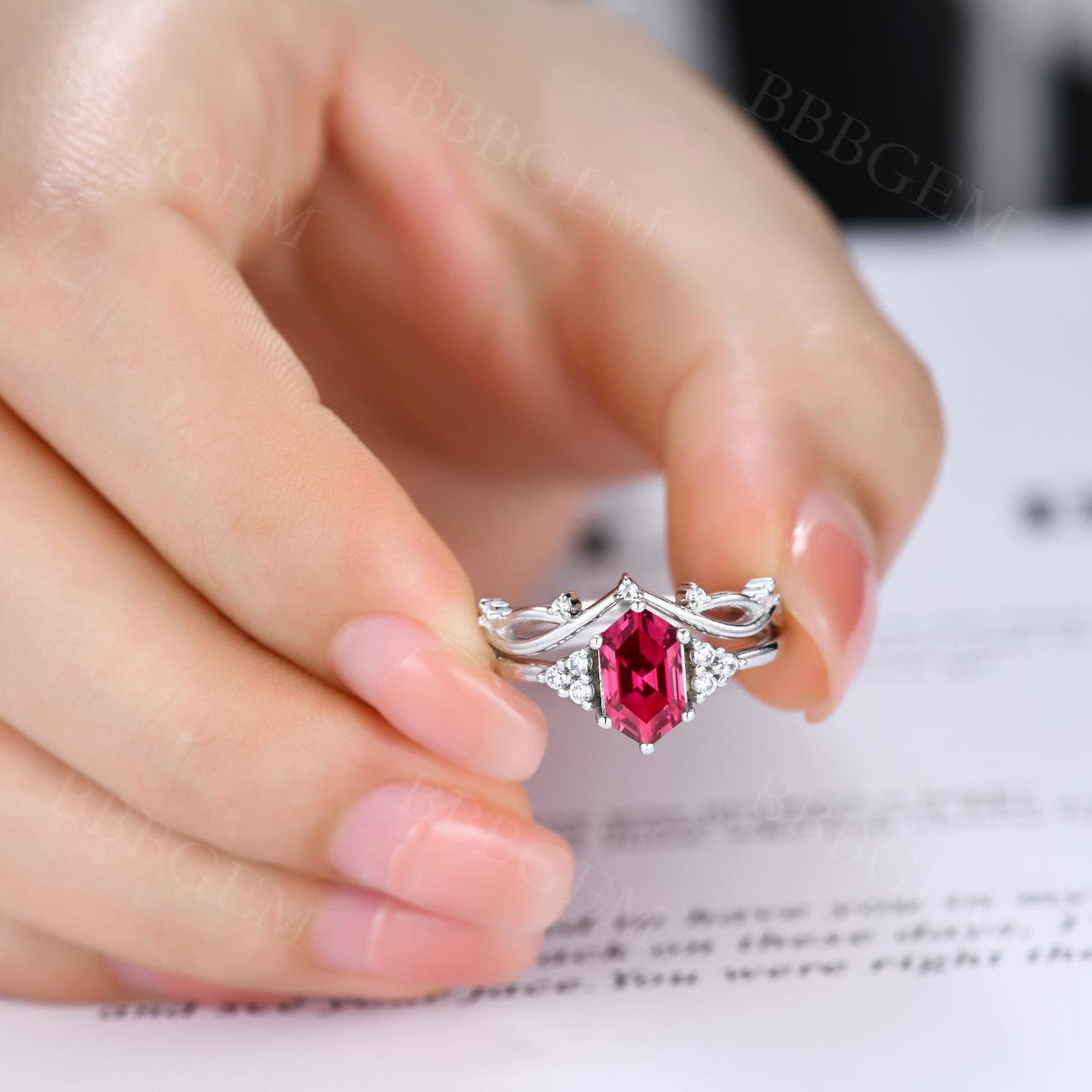 Hexagon Ruby and Diamond White Gold Wedding Ring Set - Nature-Inspired Twig Leaf Vine Cluster Design for Women - Perfect for Engagement, Anniversary, and Special Occasions