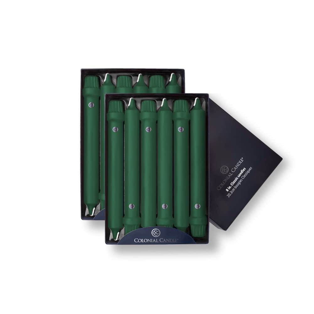 Colonial Candle Unscented Taper Candles - Classic Collection Evergreen 8-Inch (Pack of 12) | 6-Hour Burn Time | Perfect for Dining Tables, Holiday Decor & Romantic Ambiance