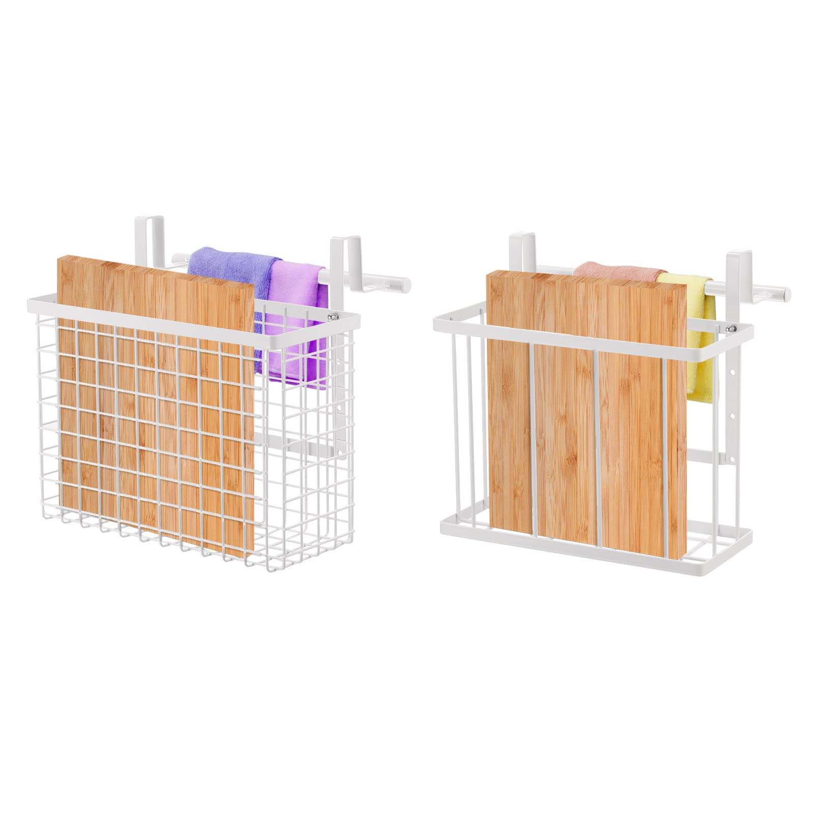 uxcell 2-Pack White Metal Wire Cabinet Door Organizer with Towel Bar & Hooks - Over Cabinet Storage Basket for Kitchen, Pantry, Bathroom - Perfect for Cutting Boards, Spices, and Cleaning Supplies