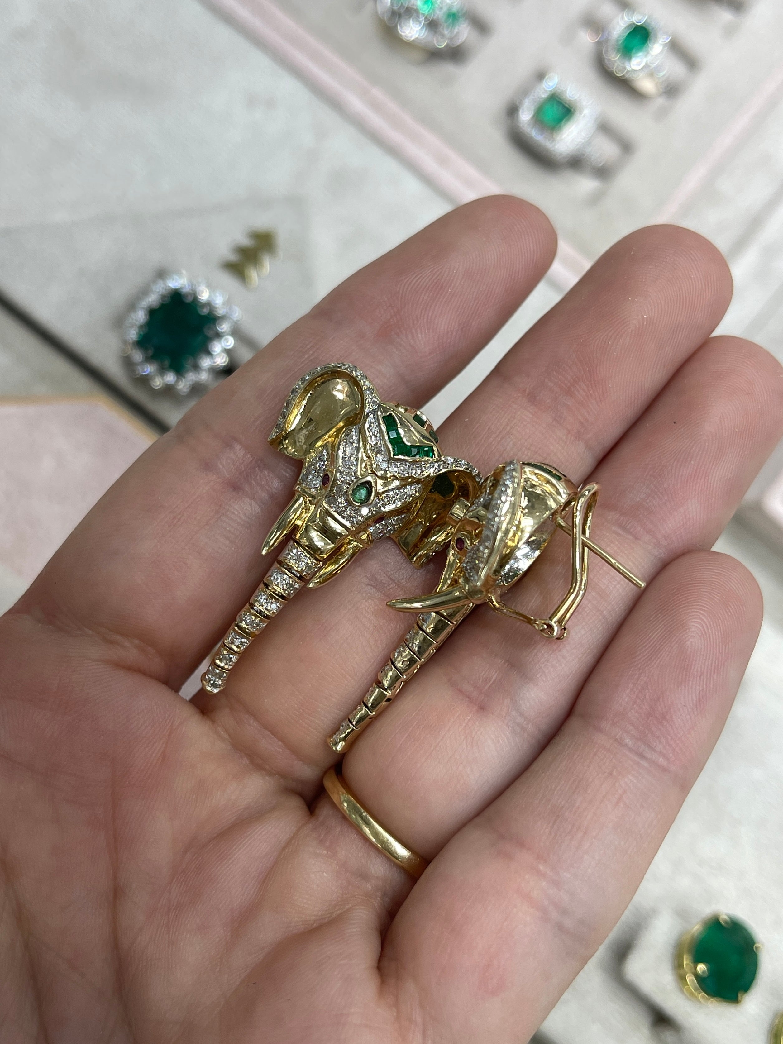 0.91tcw 14K Gold Elephant Earrings with Diamonds, Rubies & Emeralds - Moving Trunk Design for Women | Perfect Gift for Birthday, Anniversary & Special Occasions