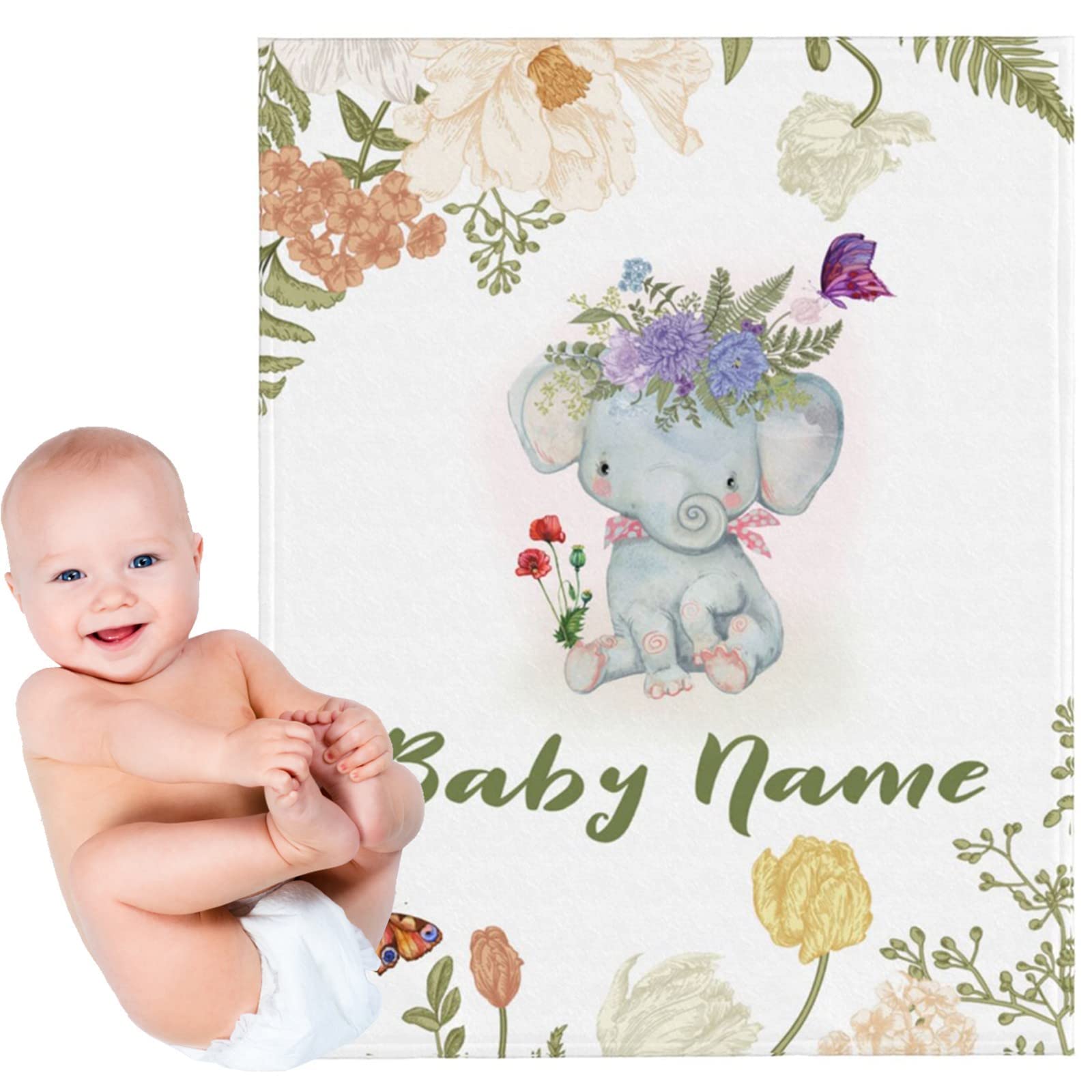 Personalized Baby Blankets with Name - Soft Monogrammed Swaddle Blankets for Newborn Boys & Girls - Custom Elephant Design Baby Shower Gift - Perfect for Nursery, Photography & Special Occasions