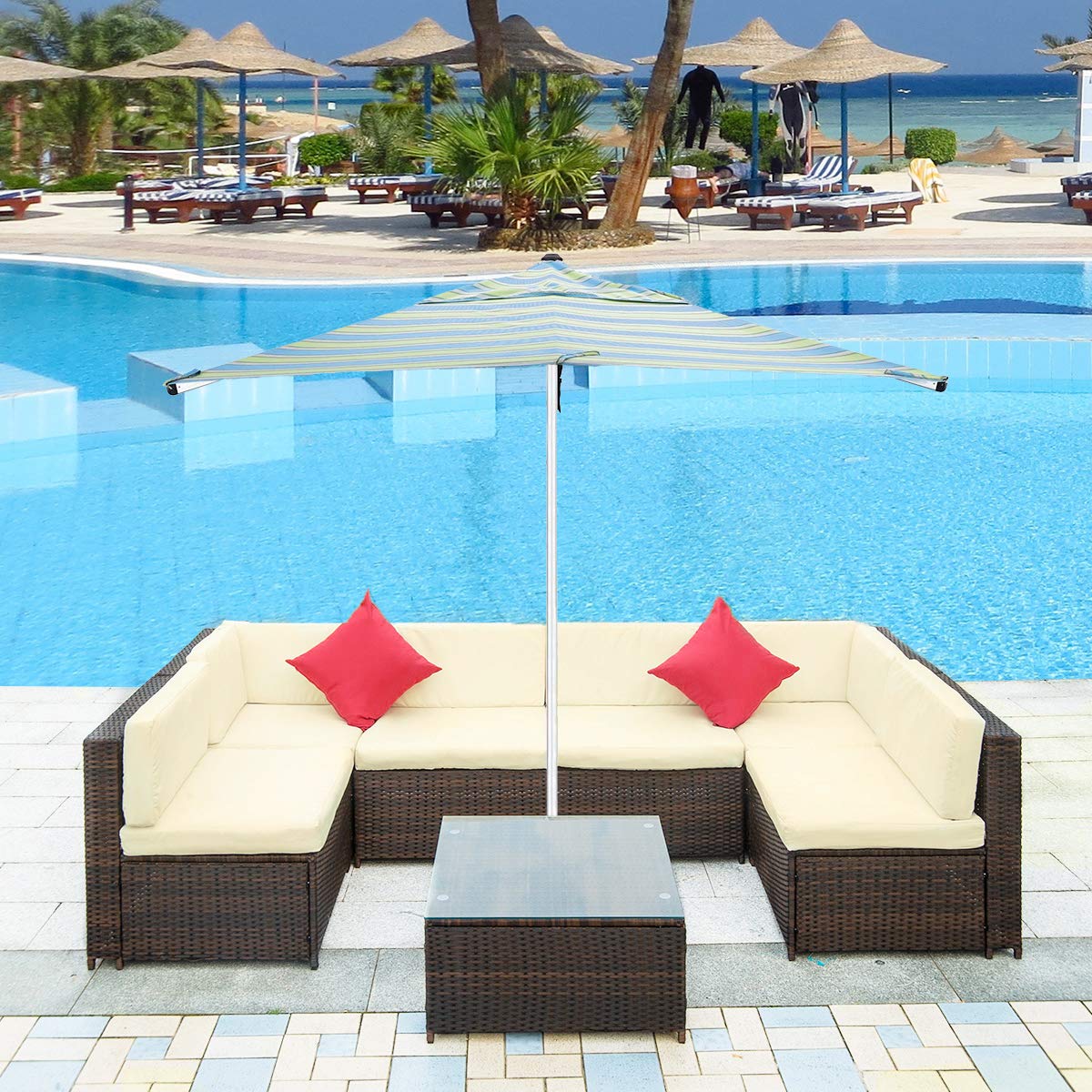 7-Piece Outdoor Patio Furniture Set - All-Weather Rattan Wicker Sectional Sofa with Cushions & Tempered Glass Coffee Table - Beige - Perfect for Backyard, Garden, Poolside & Patio Relaxation
