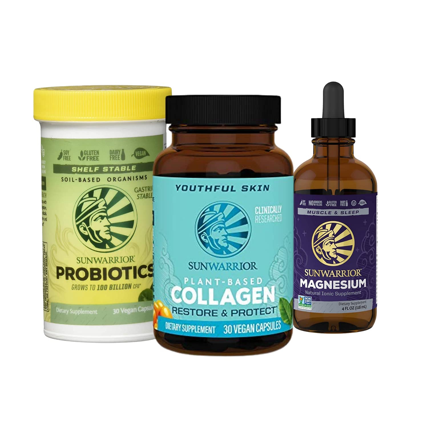 Sunwarrior Restore Bundle - Probiotics, Magnesium & Collagen Supplement for Brain, Heart & Muscle Support | Essential Vitamins & Amino Acids for Joint Health, Strong Hair, Skin & Nails | Daily Wellness & Fitness Routine
