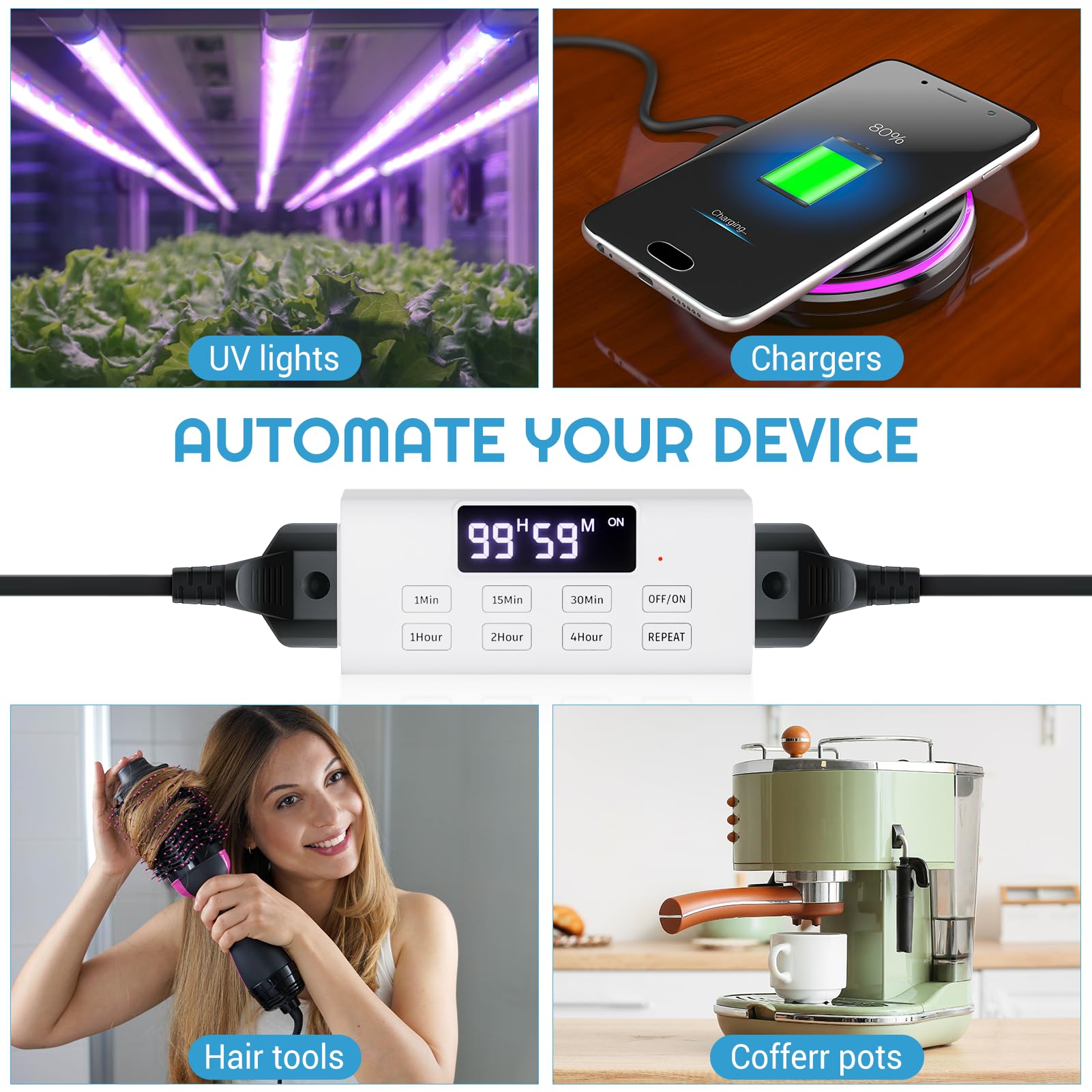 99-Hour Digital Countdown Timer Outlet with Large LCD Screen & Auto Shut Off - 2 Pack for Home, Office, Vacation Security - Perfect for Chargers, Lights, Appliances & Energy Saving