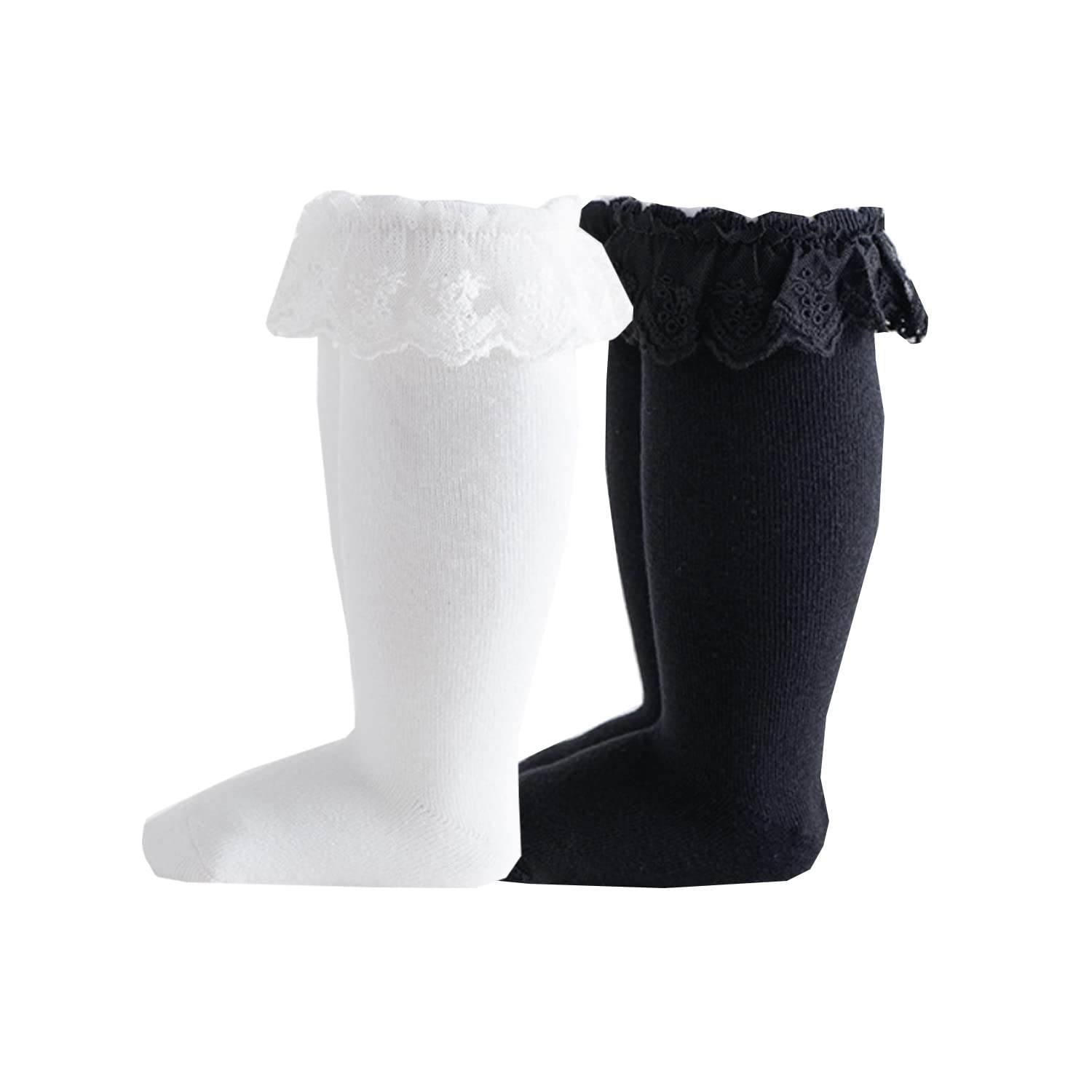 Deeorla Baby Toddler Girl Cotton Knee High Socks - Princess Lace Ruffled Stockings for Infants - Long Frilly Dress Socks for Parties & Special Occasions