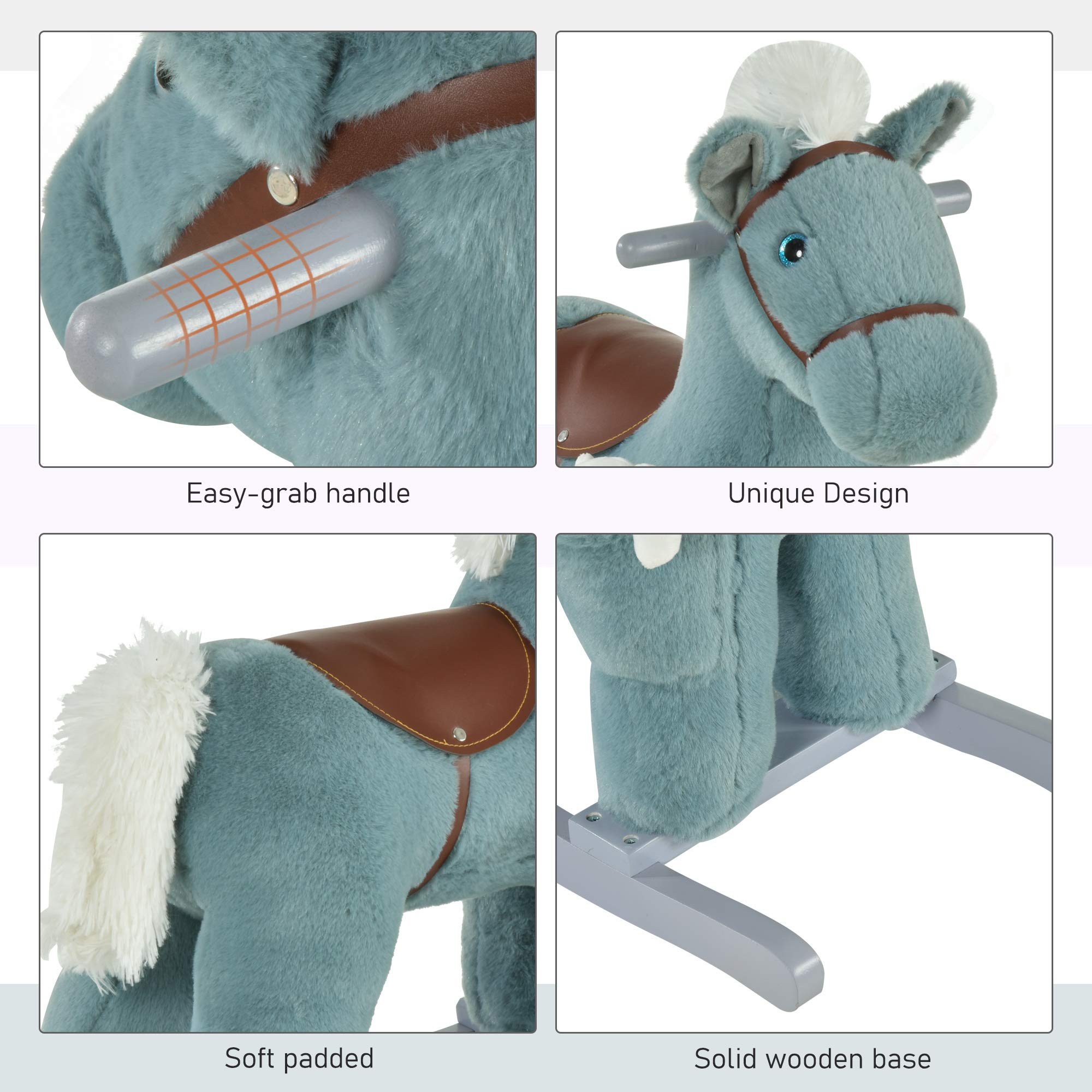 Qaba Kids Plush Ride-On Rocking Horse with Bear Toy - Soft Plush Children's Chair with Realistic Sounds, Blue | Fun Toddler Rocking Toy for Playroom & Nursery Decor