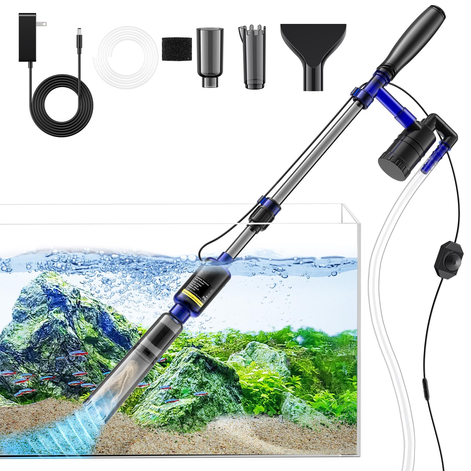 Electric Aquarium Gravel Cleaner Vacuum - 530GPH/32W Powerful Fish Tank Cleaner with Adjustable Water Flow, Complete Aquarium Cleaning Kit for Water Changing & Sand Washing - Perfect for Freshwater & Saltwater Tanks