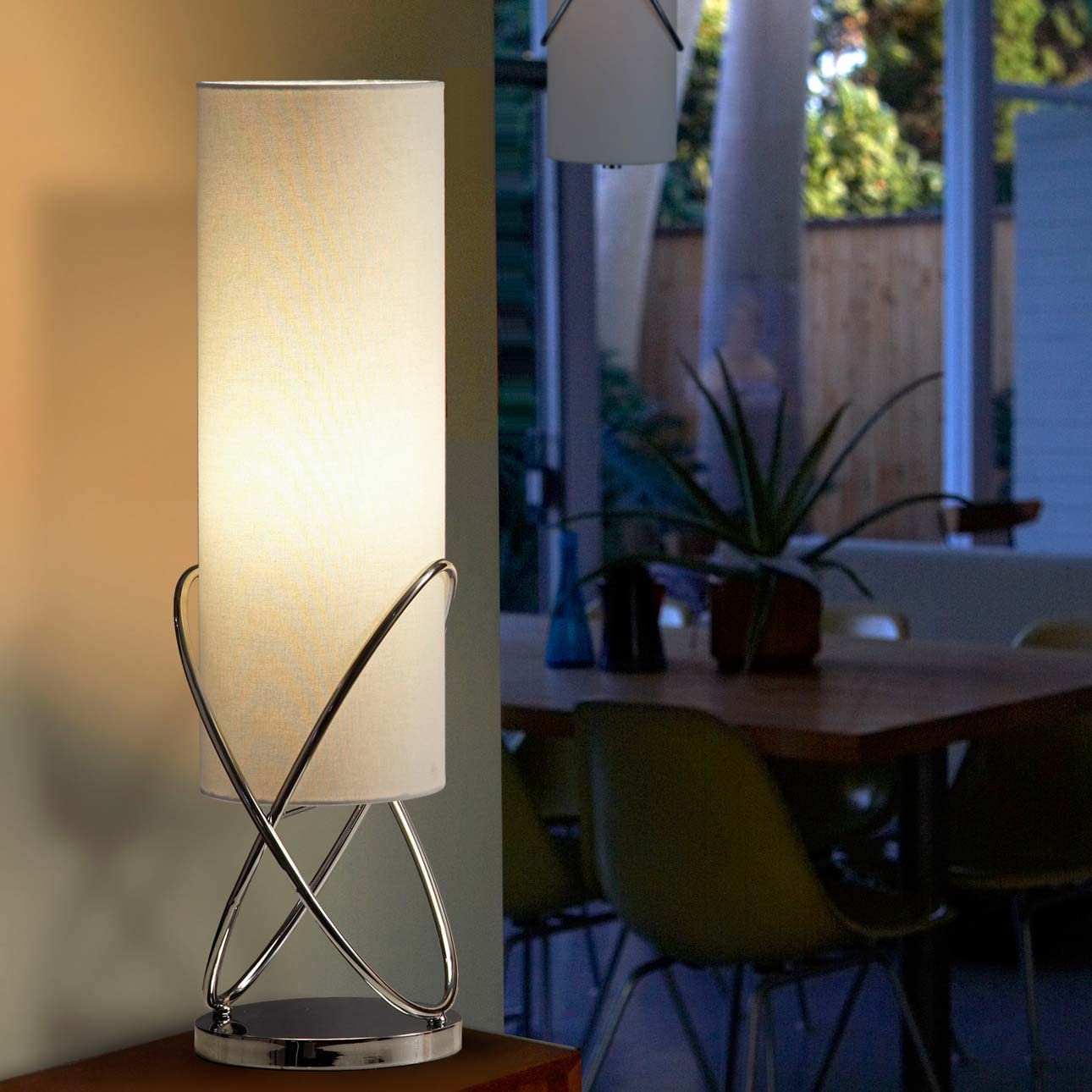 NOVA of California Modern Chrome Table Lamp with White Linen Shade & Dimmer Switch - Bedroom Nightstand, Living Room, Office Desk Lighting Decor