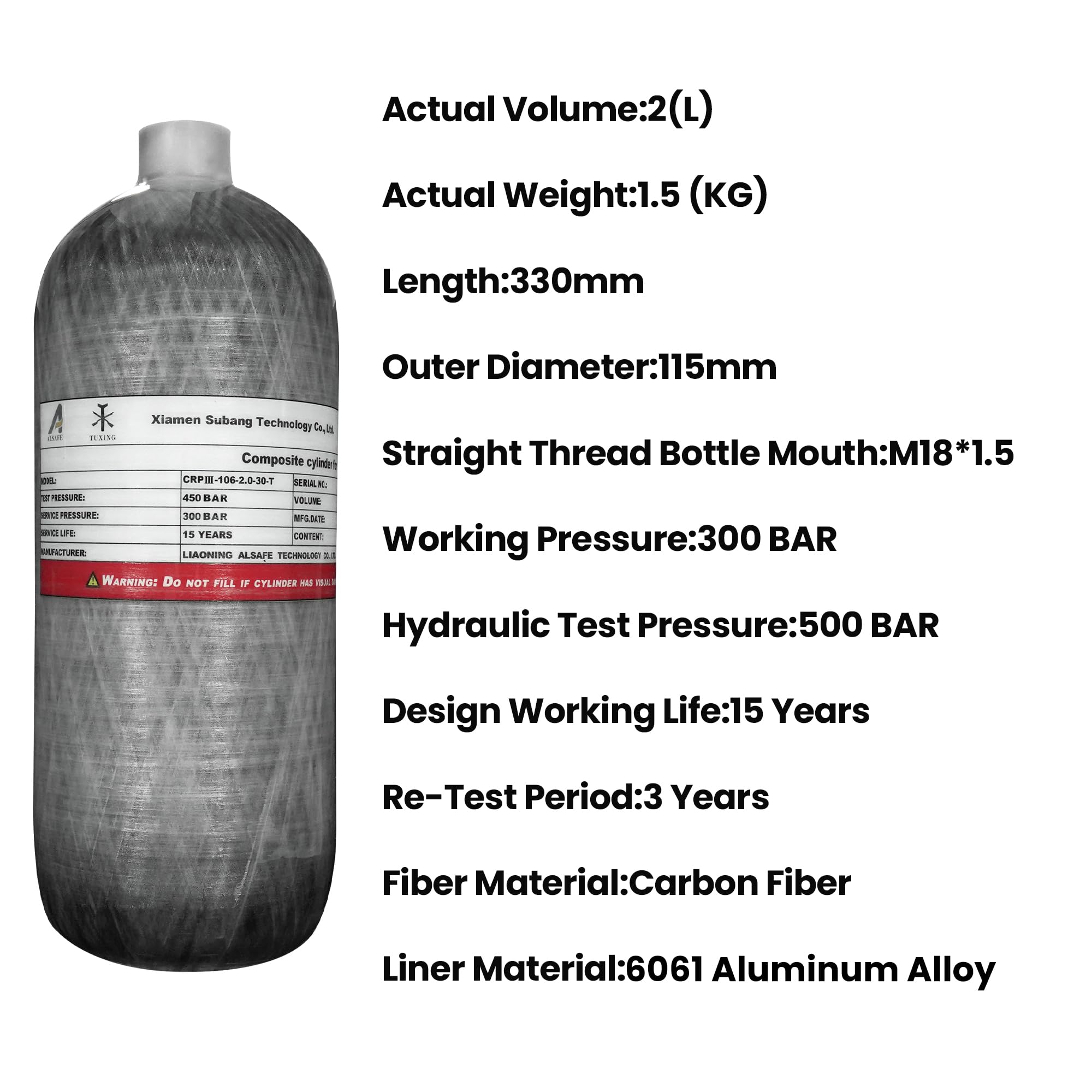 TUXING 4500Psi Carbon Fiber Scuba Tank - 2L/122Cu in 2000CC Composite Air Cylinder for Scuba Diving, Paintball, Firefighting & Emergency Oxygen Supply